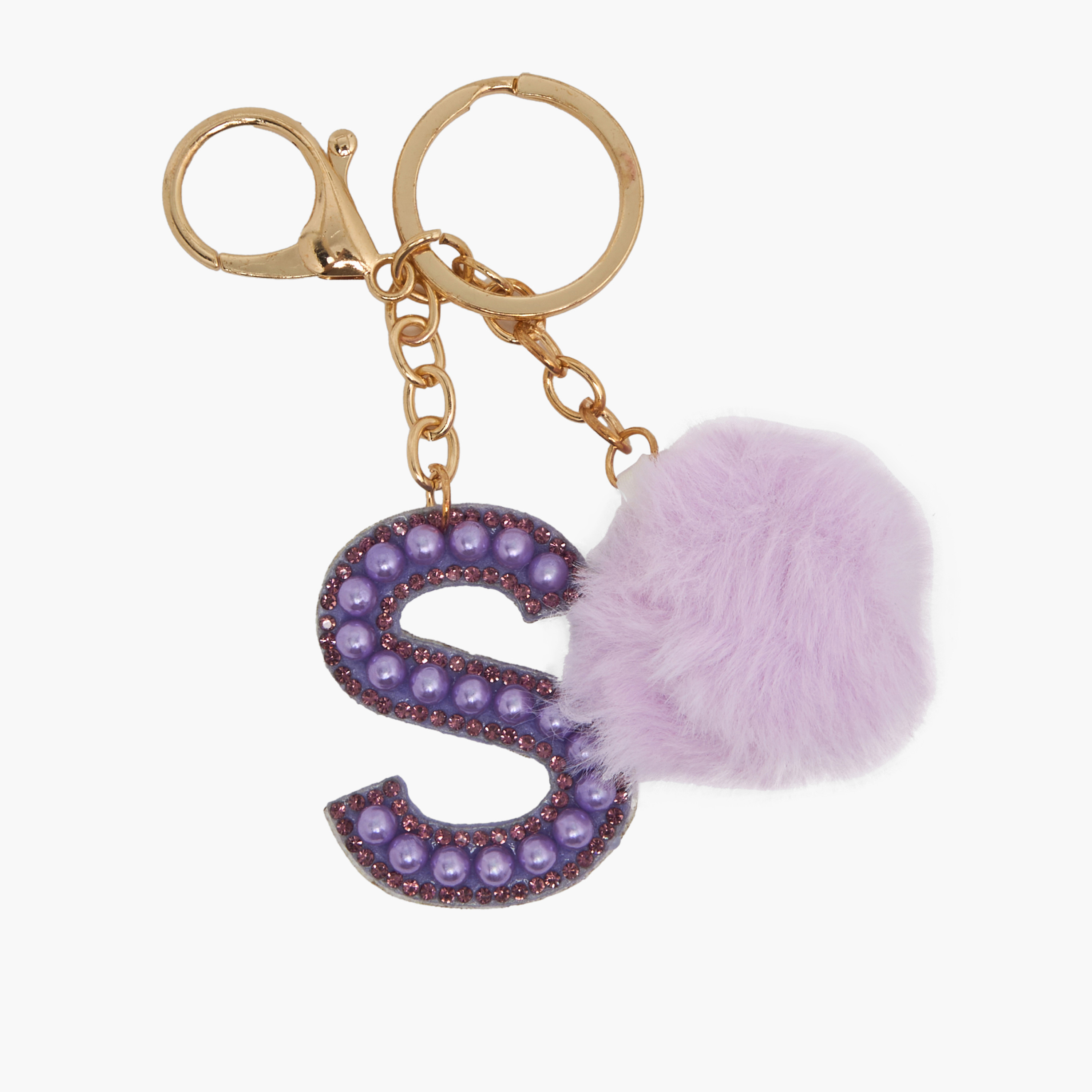 Embellished Initial Keyring with Pompom-girls-accessories-keyringsandbagcharms-image-2
