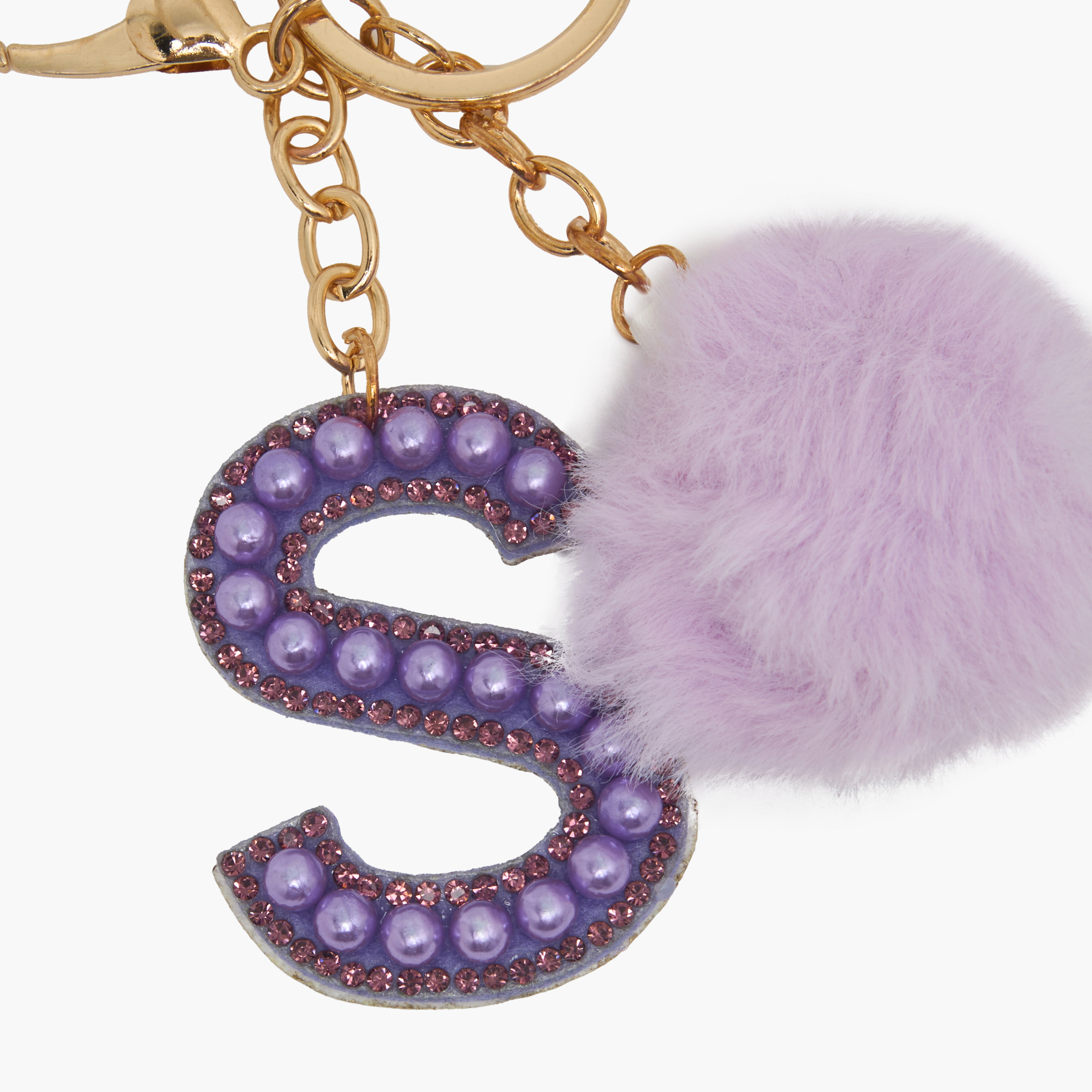 Embellished Initial Keyring with Pompom-girls-accessories-keyringsandbagcharms-image-3