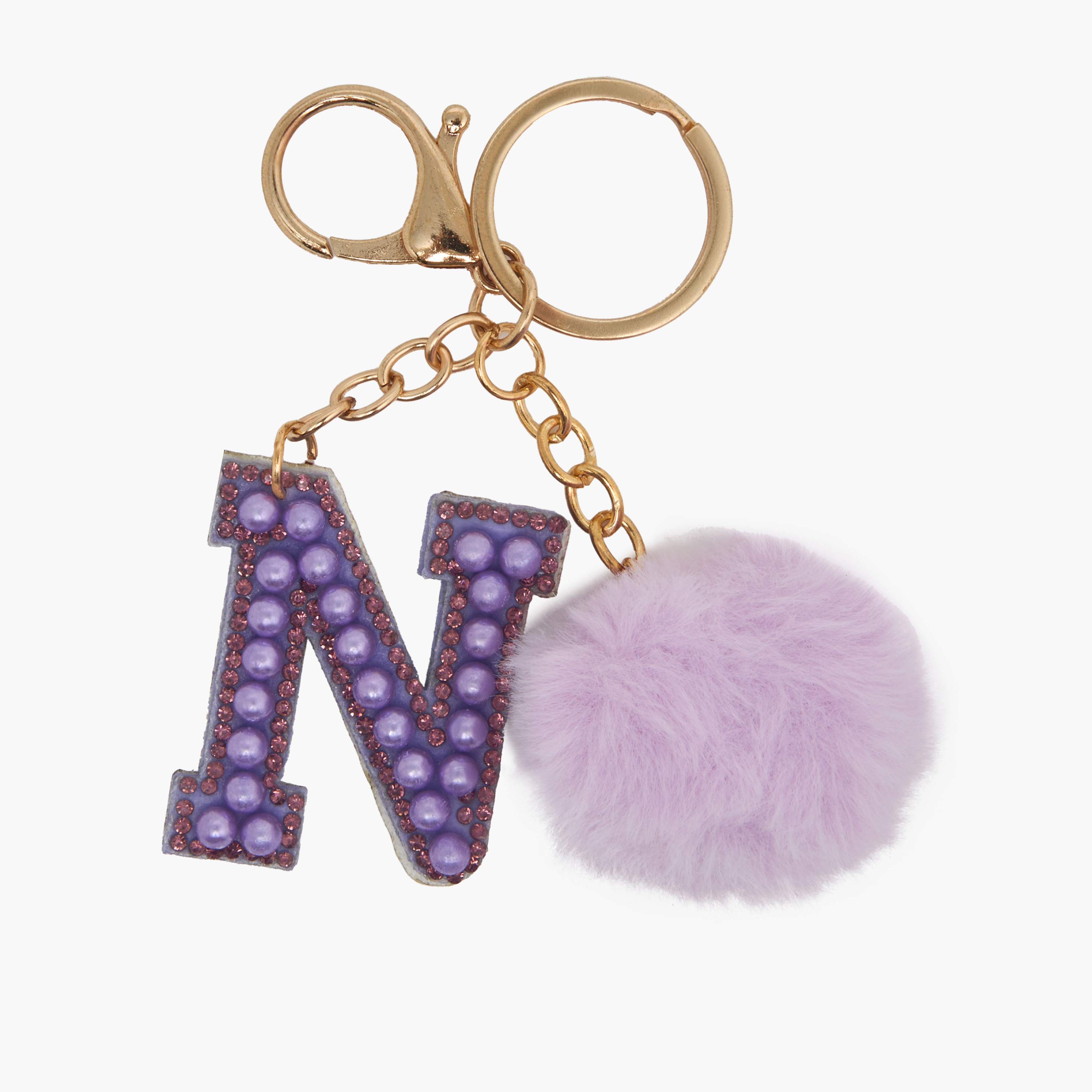 Embellished Initial Keyring with Pompom-girls-accessories-keyringsandbagcharms-image-2