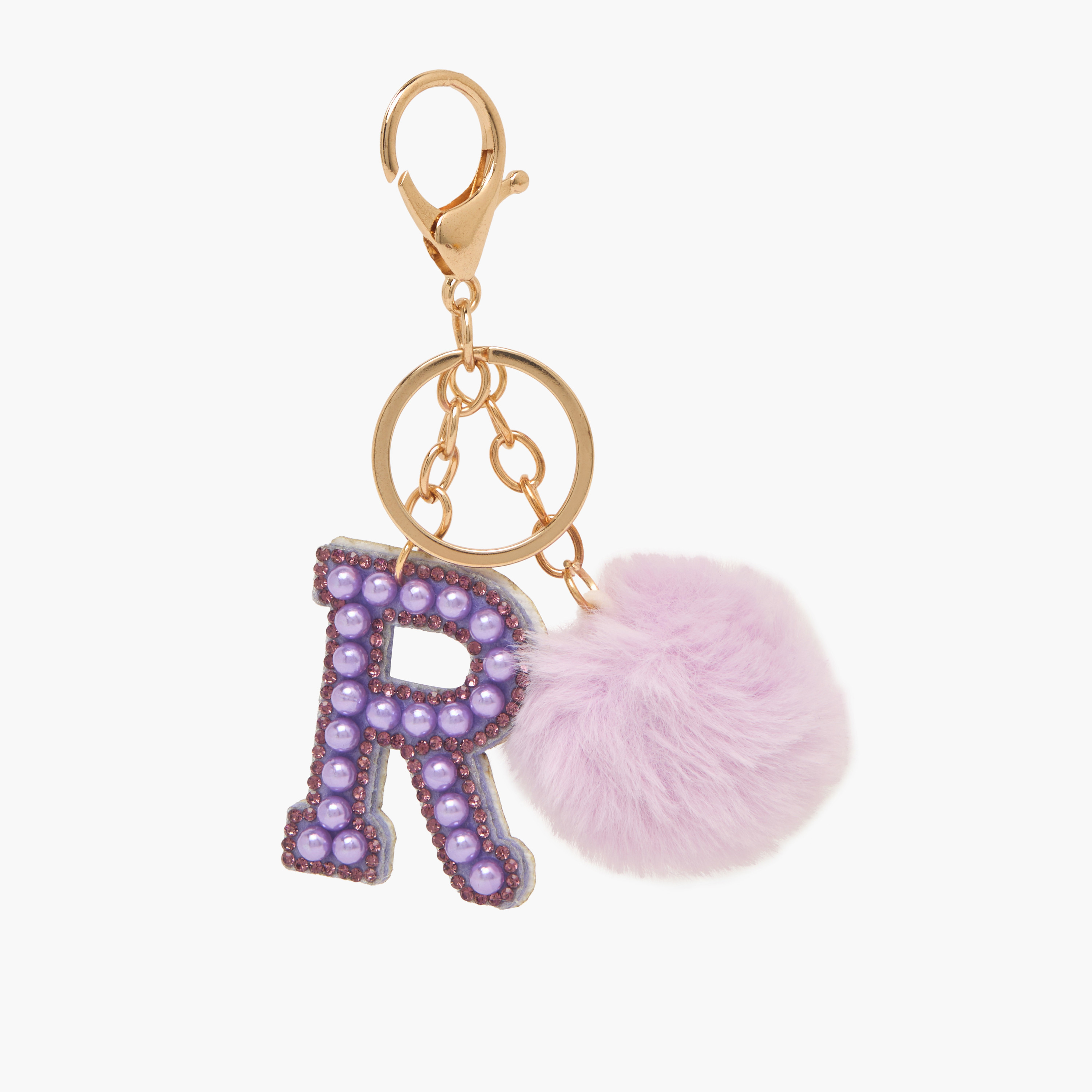 Initial Embellished Keyring with Pompom-girls-accessories-keyringsandbagcharms-image-1