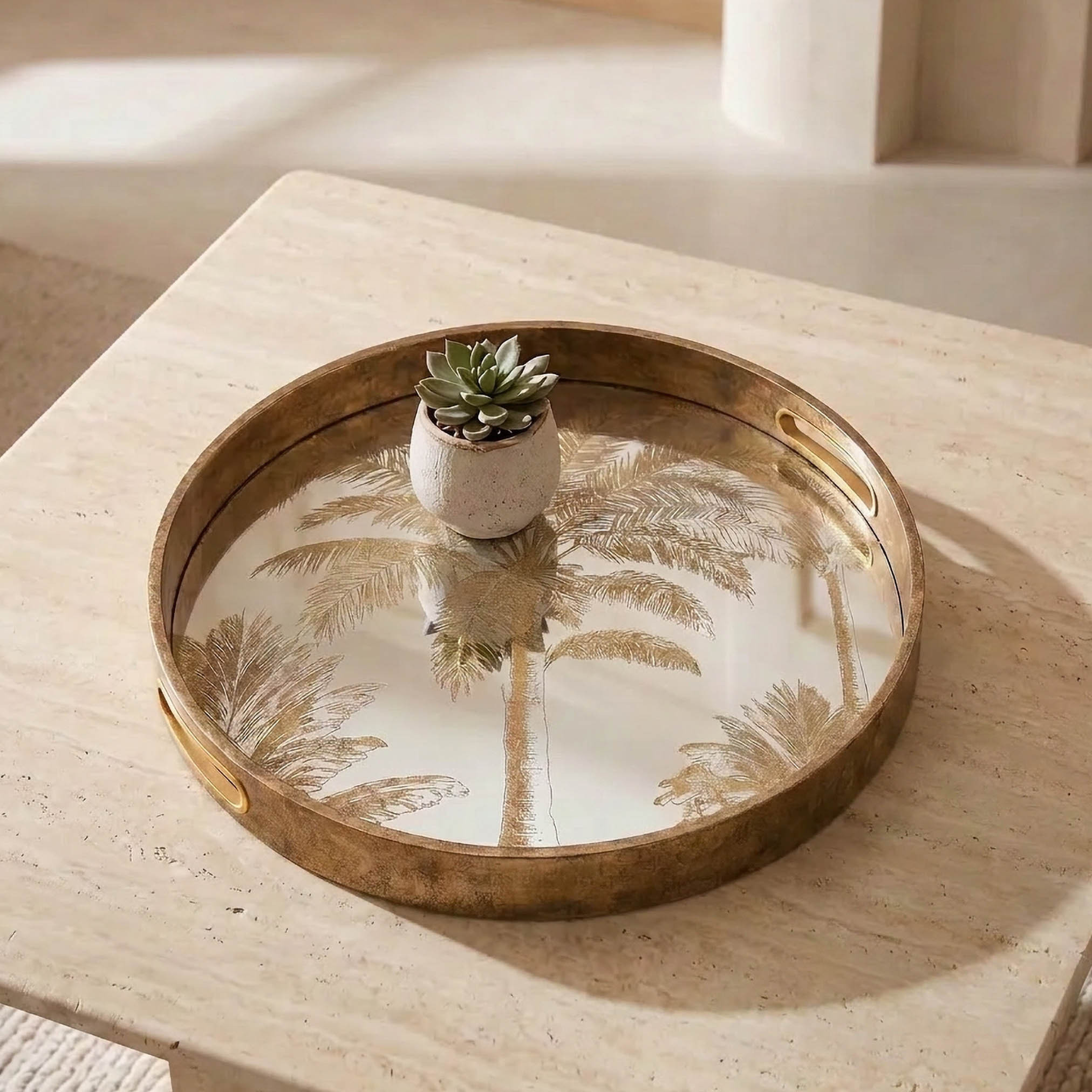 Palm Print Glass Tray - 37 cms-household-decor-boxesandtrays-image-1