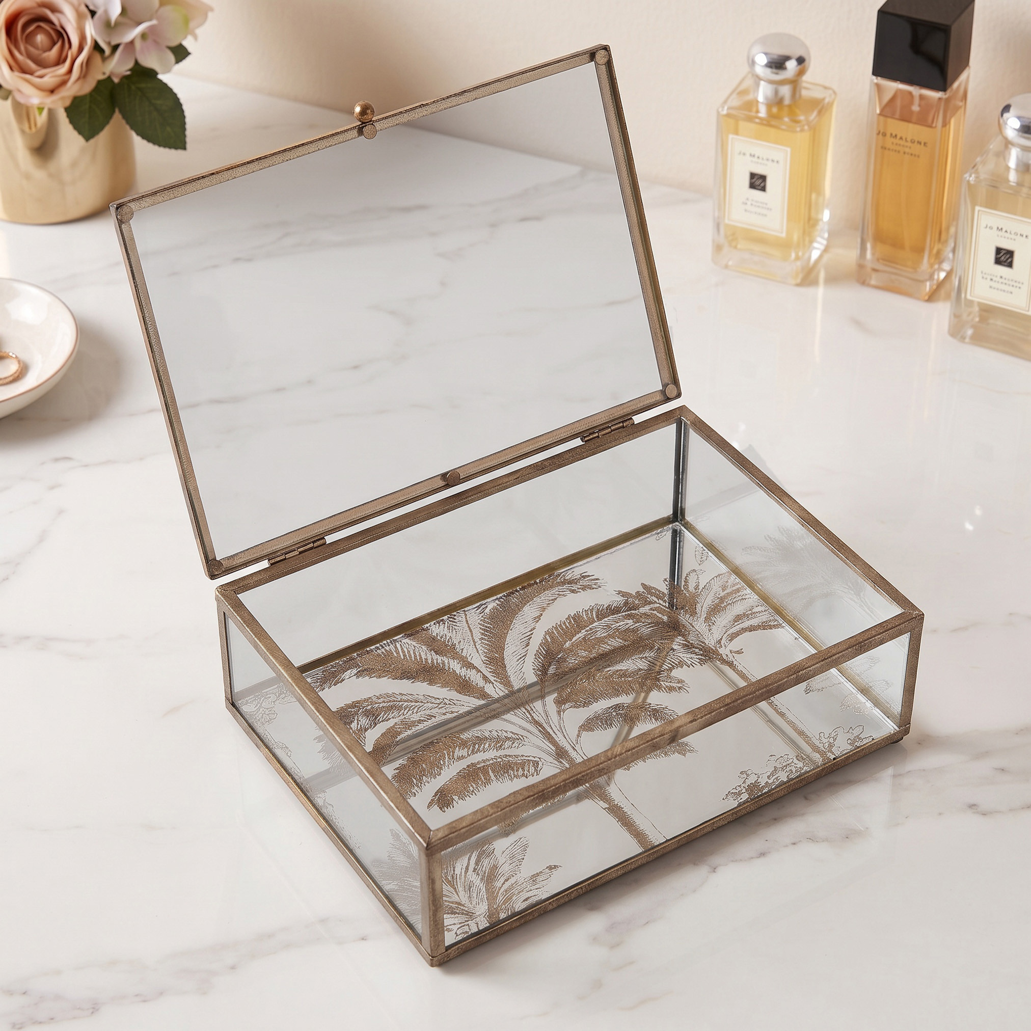 صندوق ديكور زجاجي بطبعات نخيل-household-decor-boxesandtrays-image-2