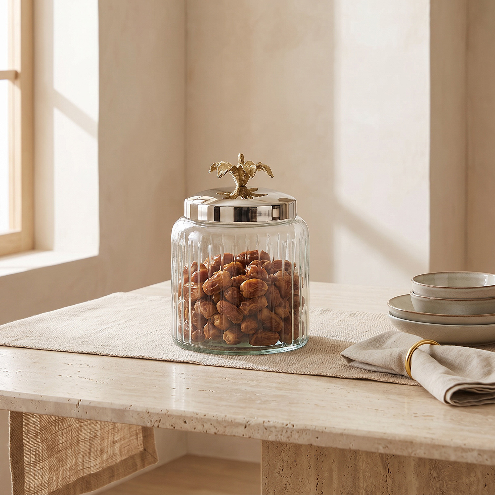 Glass Canister with Floral Metallic Lid - 13x12 cm-household-kitchen-foodstorage-containers-image-1