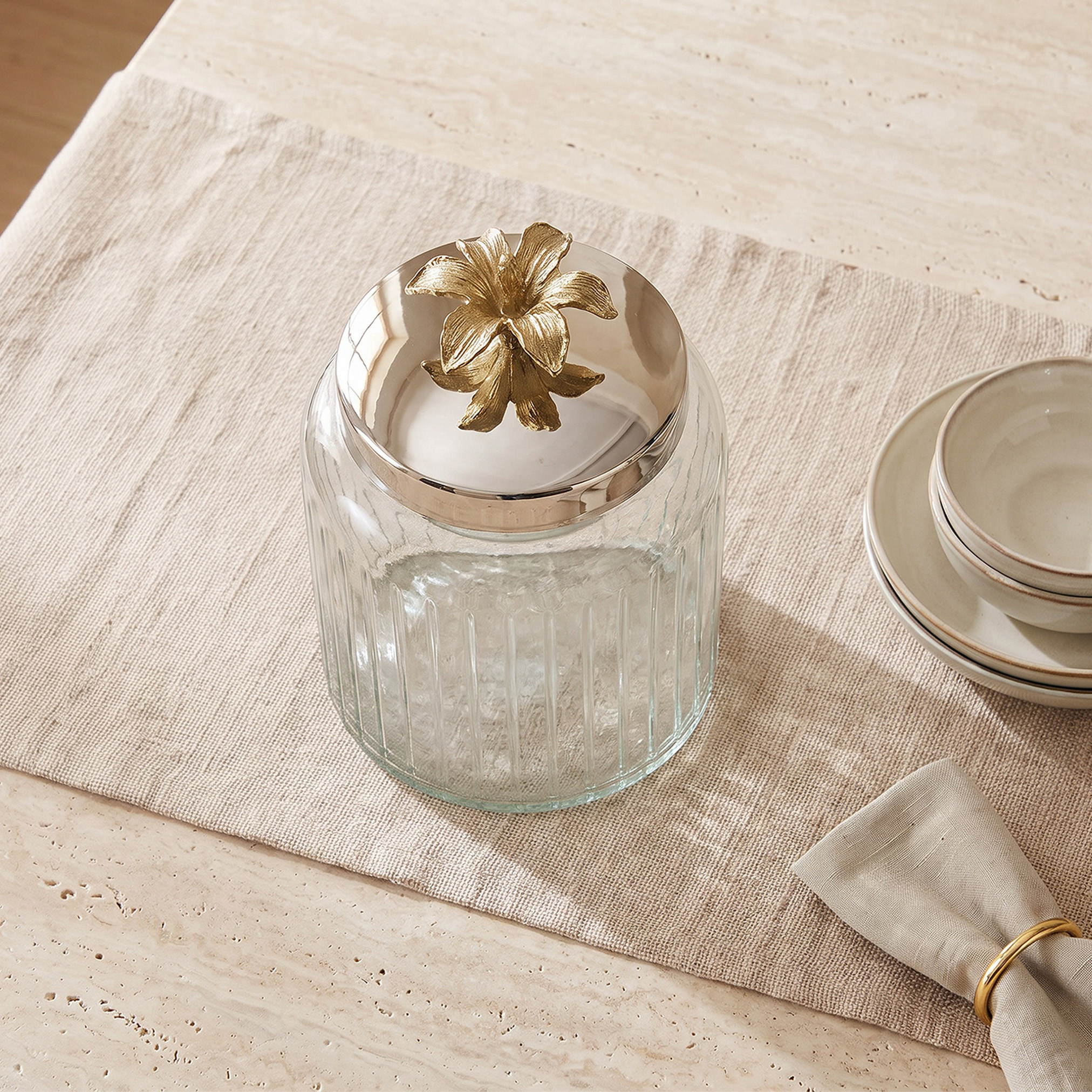Glass Canister with Floral Metallic Lid - 13x12 cm-household-kitchen-foodstorage-containers-image-2