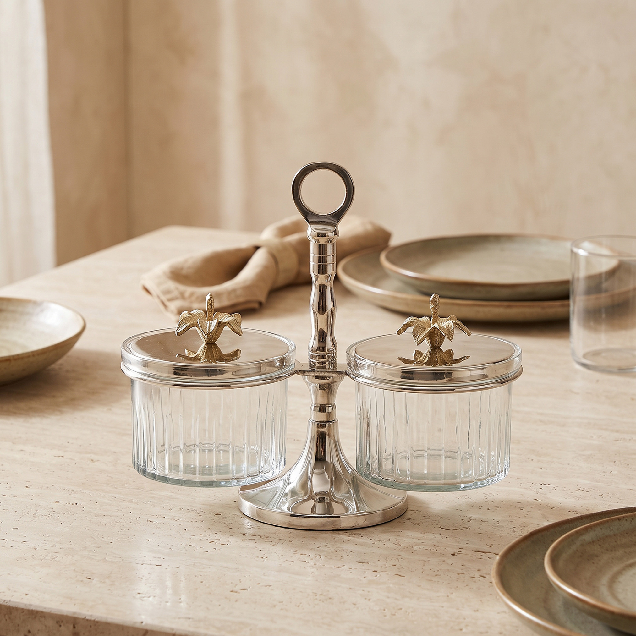 Floral 2-Piece Metal Jar Holder with Lid and Stand - 22x10 cm-household-dining-serveware-servingplatters-image-1