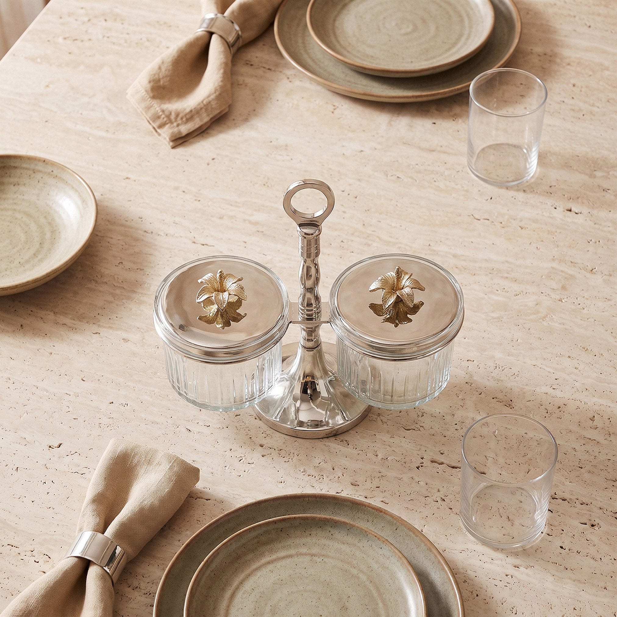Floral 2-Piece Metal Jar Holder with Lid and Stand - 22x10 cm-household-dining-serveware-servingplatters-image-2