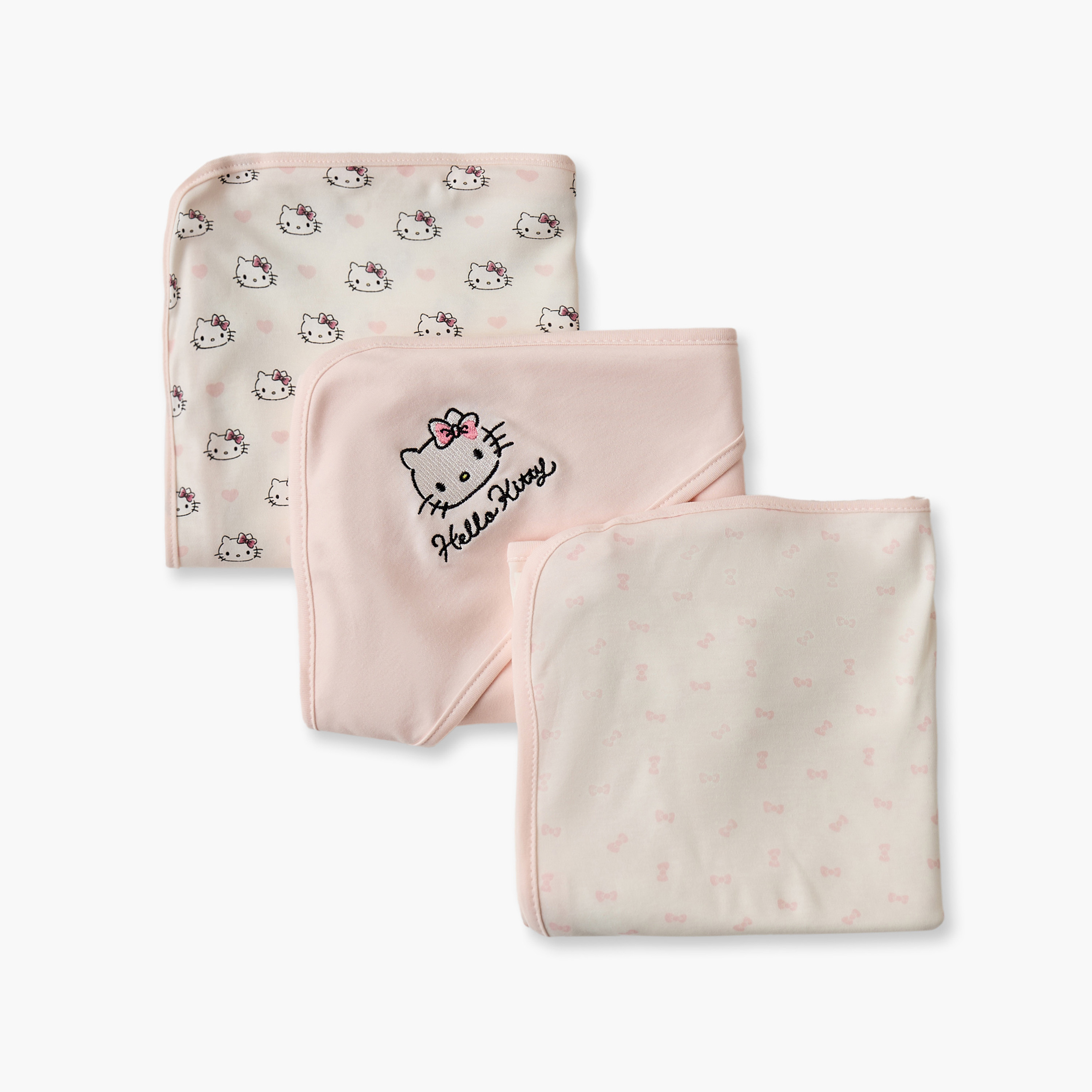 طقم بطانيات لحديثي الولادة من الخيرزان بطبعات هيلو كيتي من أناريو - 3 قطع-baby-nursery-blanketsandswaddles-receivingblankets-image-3