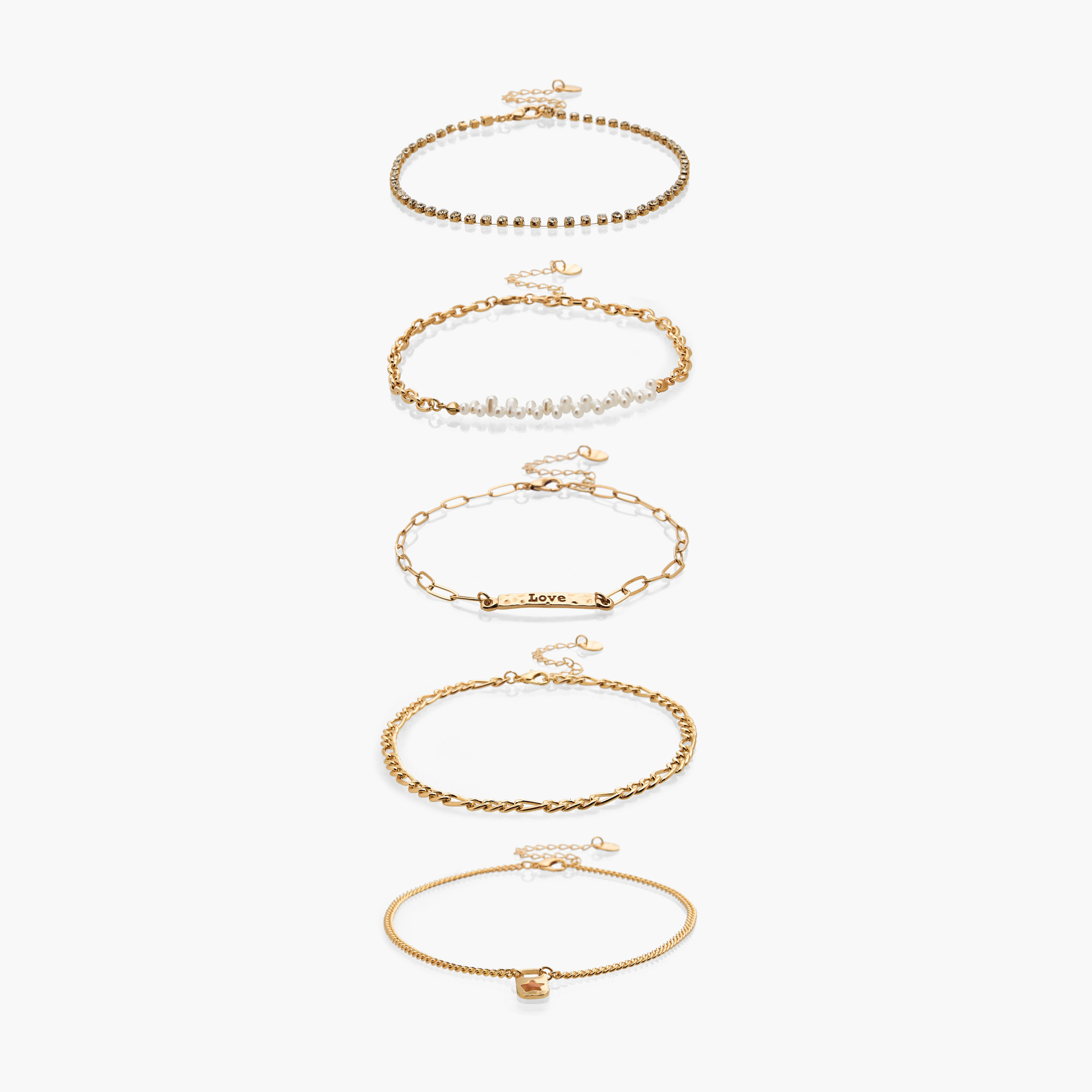 طقم خلخال بتصميم سلسلة باللون الذهبي - 5 قطع-women-watchesandjewellery-jewellery-anklets-image-1