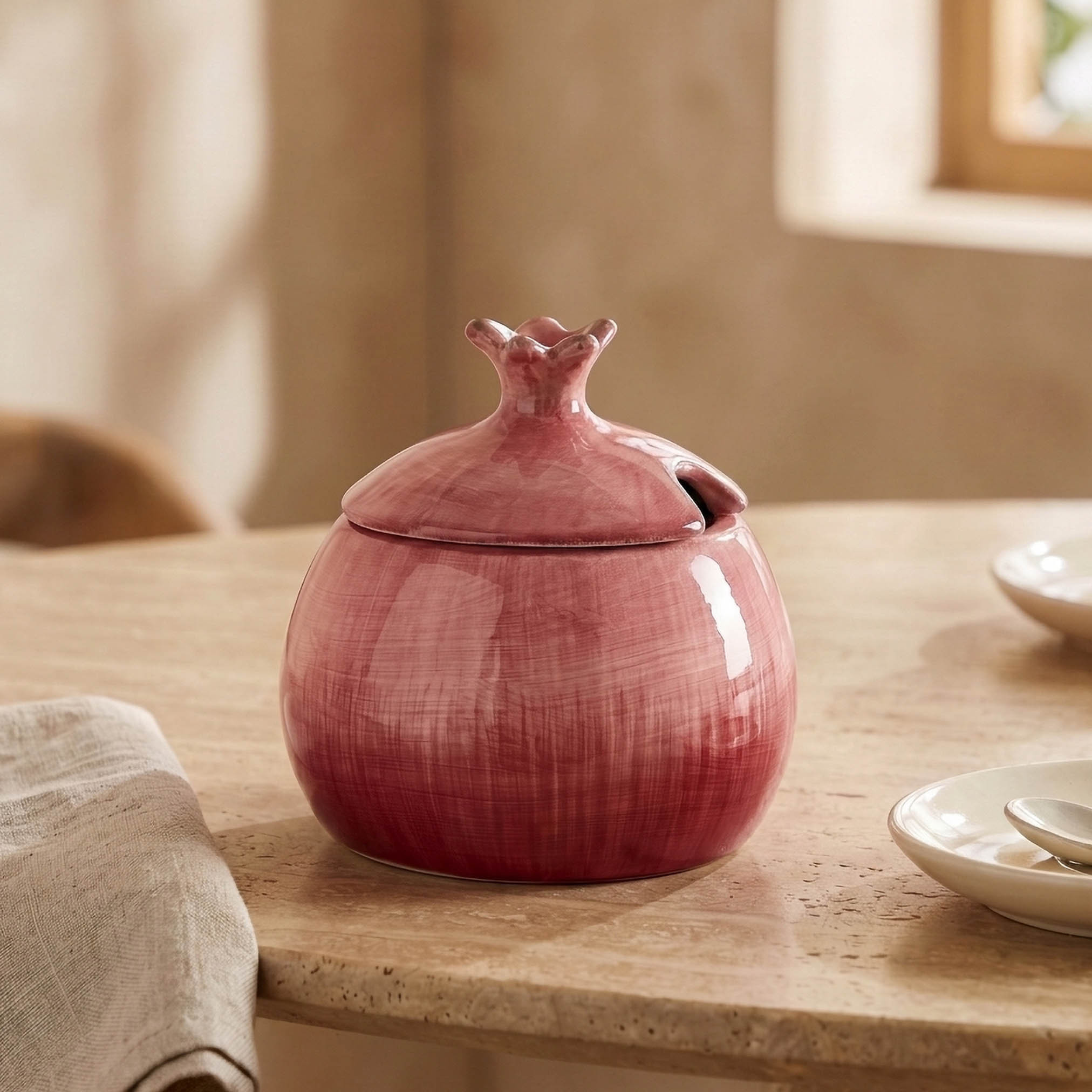 وعاء سكر خزف حجري بتصميم رمانة مع غطاء - 10x10x11 سم-household-kitchen-foodstorage-canistersandjars-image-1