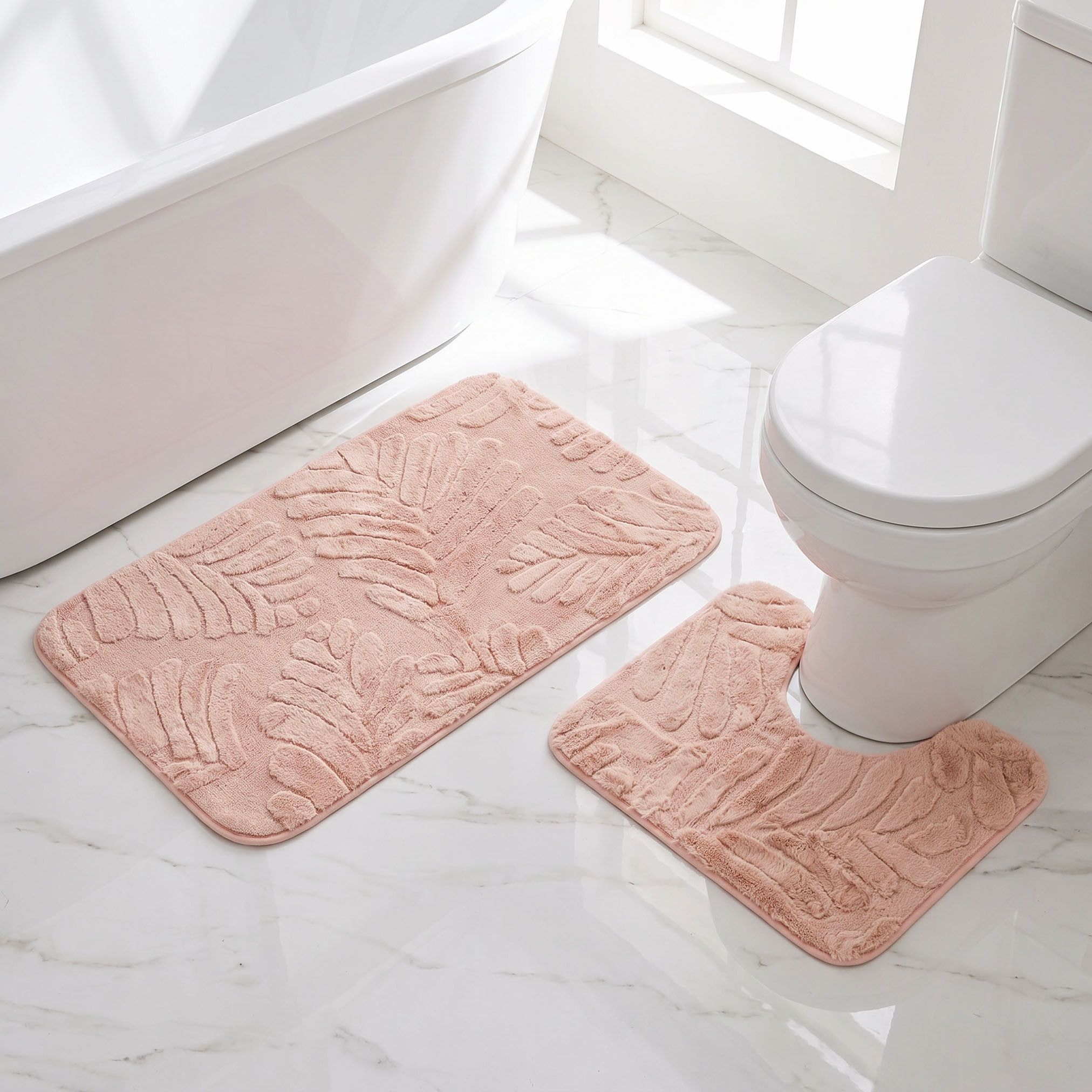 Leaf Textured 2-Piece Rabbit Fur Bath Mat Set-household-bathandlaundry-bathlinen-bathmatsandtubmats-image-1