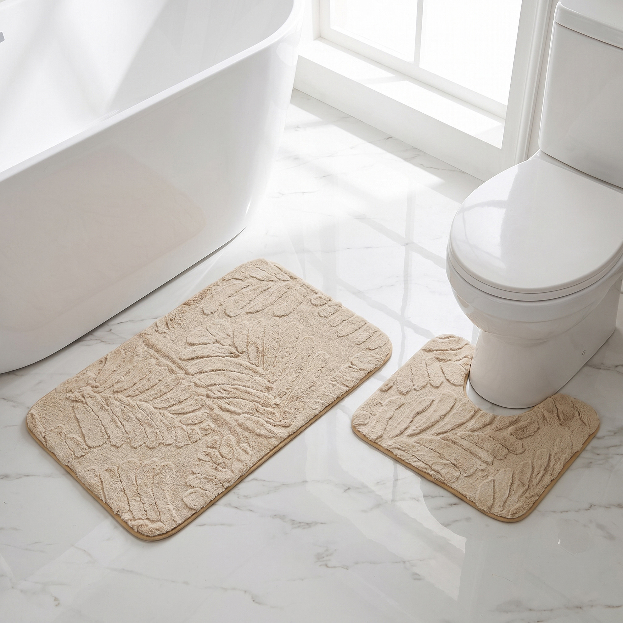 Leaf Textured 2-Piece Rabbit Fur Bath Mat Set-household-bathandlaundry-bathlinen-bathmatsandtubmats-image-1