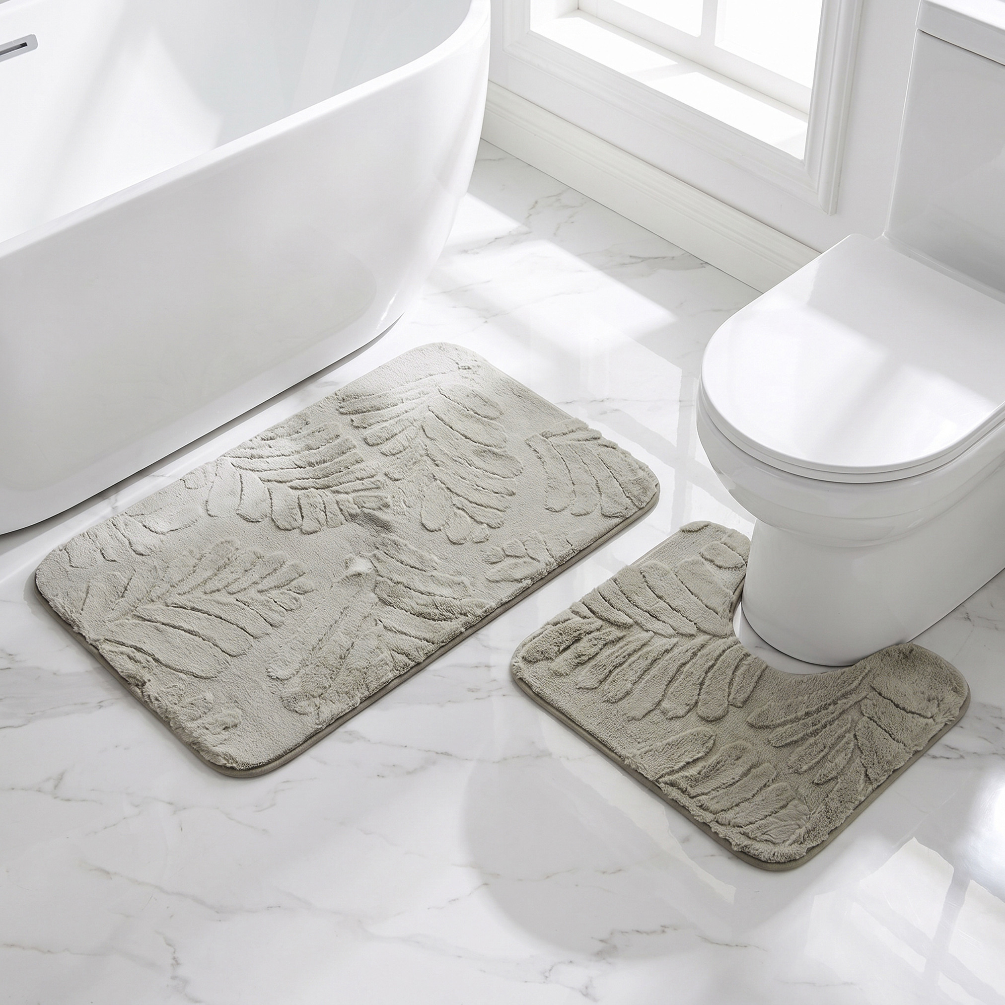 Leaf Textured 2-Piece Rabbit Fur Bath Mat Set-household-bathandlaundry-bathlinen-bathmatsandtubmats-image-1