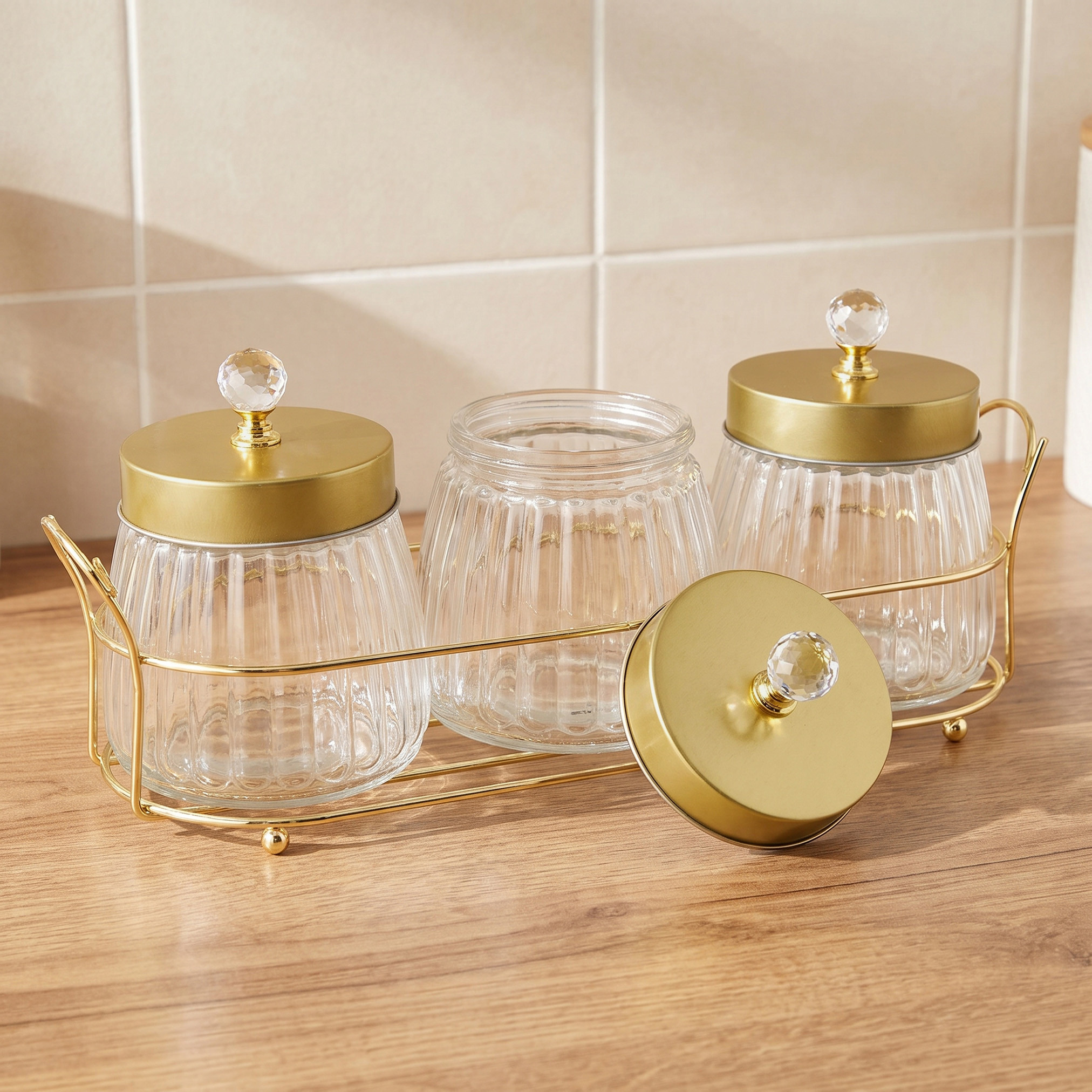 Lara 3-Piece Glass Jar Set with Rack-household-kitchen-foodstorage-spiceracksandjars-image-2