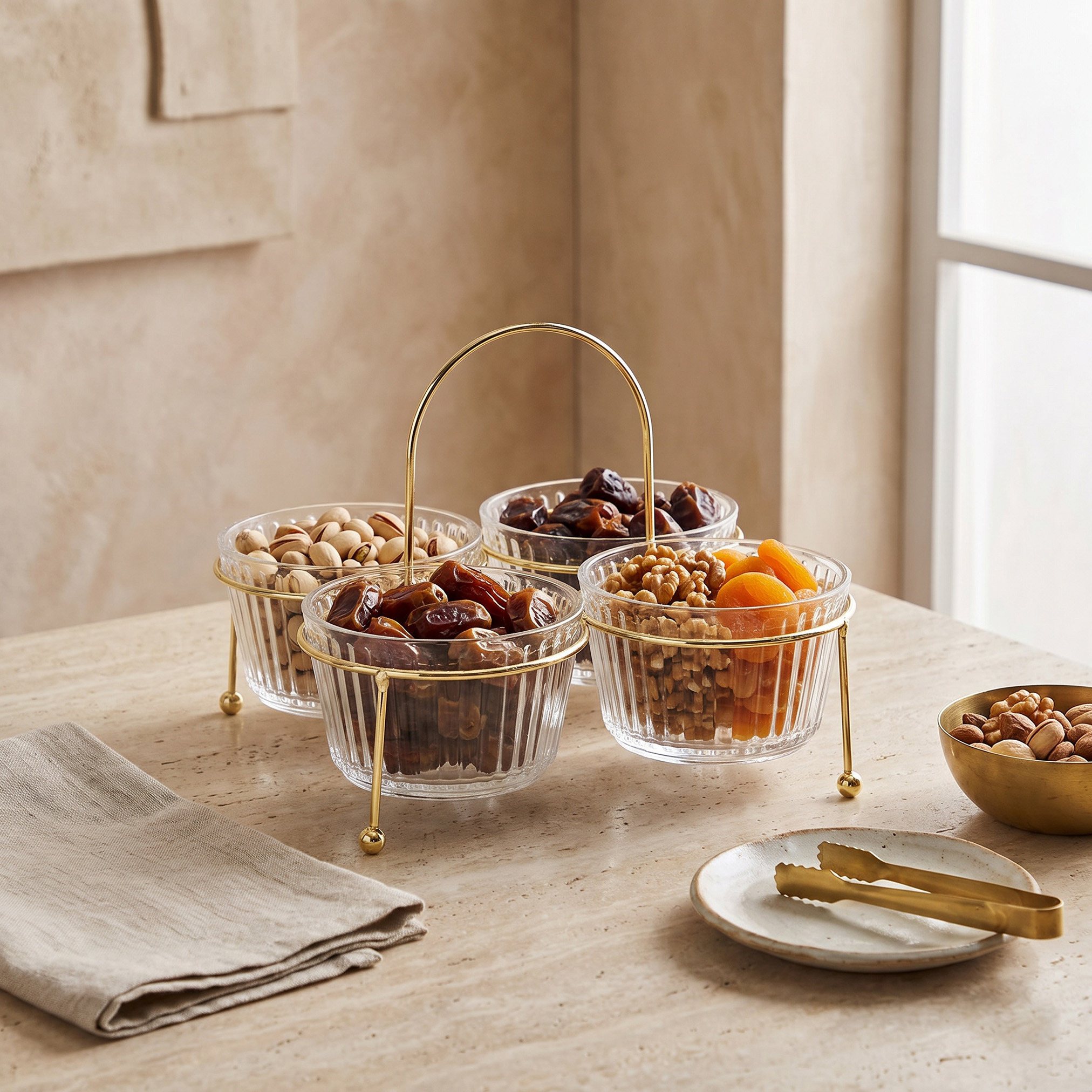 Lara 5-Piece Glass Serving Bowl Set with Stand and Handle-household-dining-serveware-chipsanddip-image-1