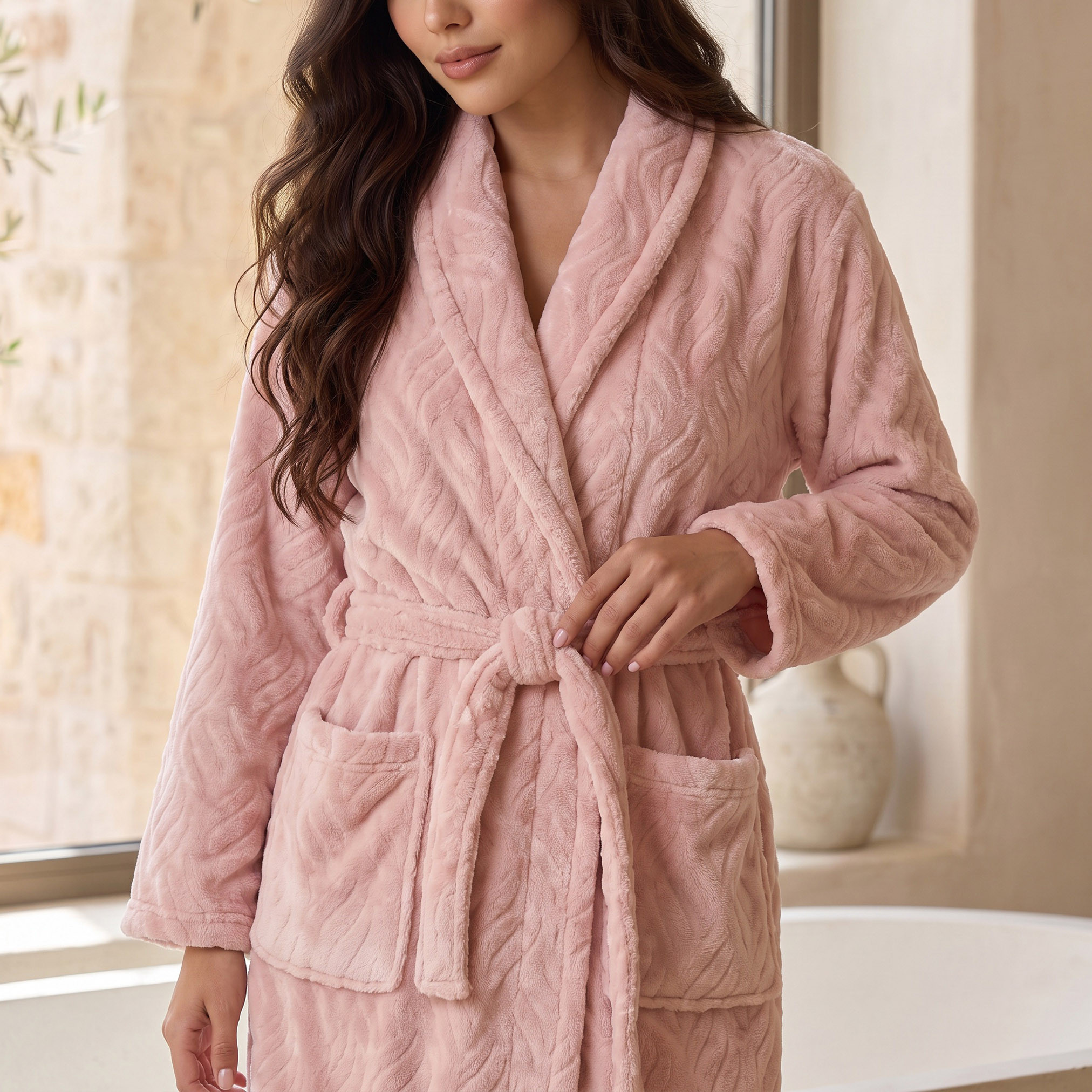 Embossed Flannel 280 GSM Bathrobe - Small-Medium-household-bathandlaundry-bathlinen-bathrobesandslippers-bathrobes-image-3