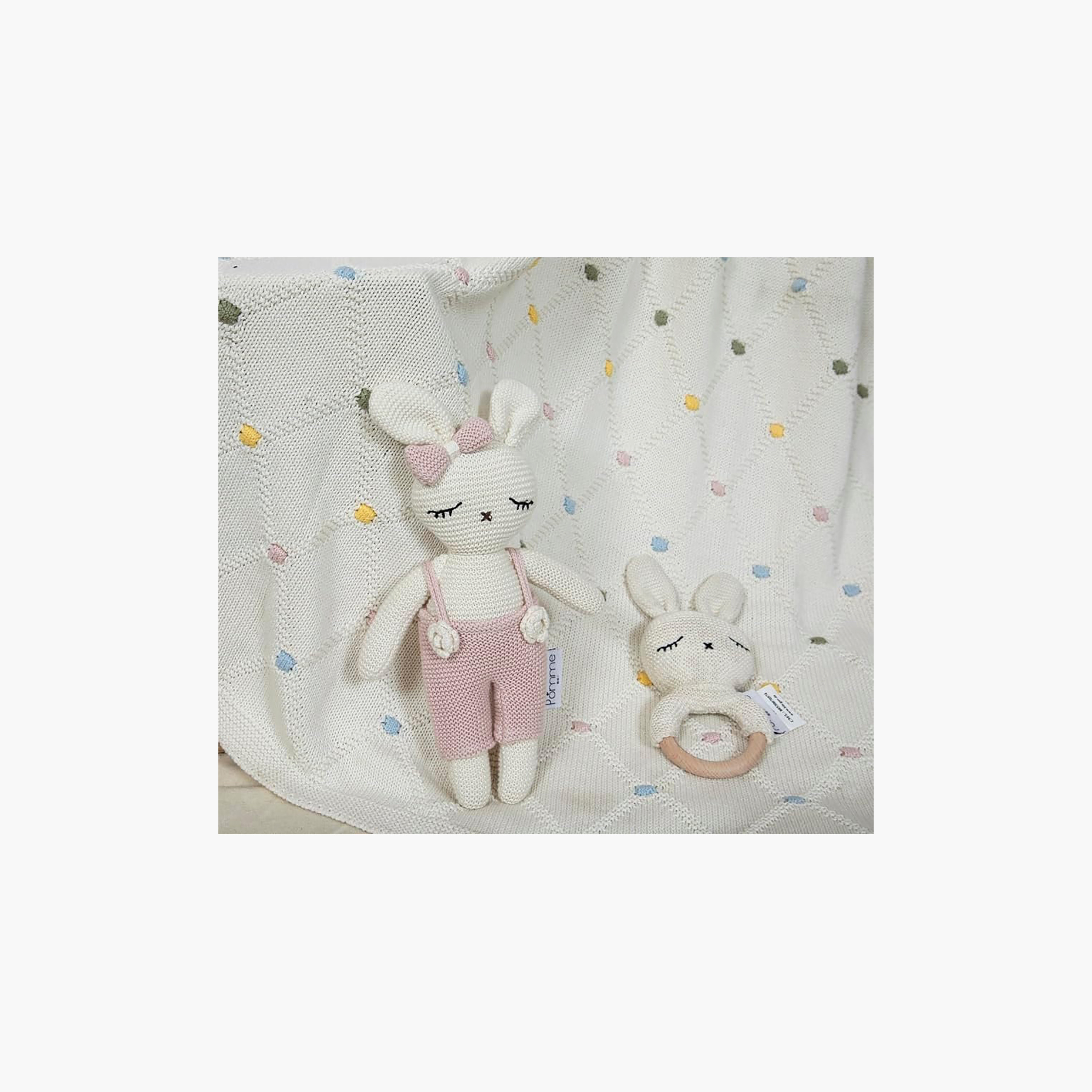 Set of 3 Polka Dot Receiving Blanket with Bunny Soft Toy and Ring-baby-nursery-babybedding-image-2