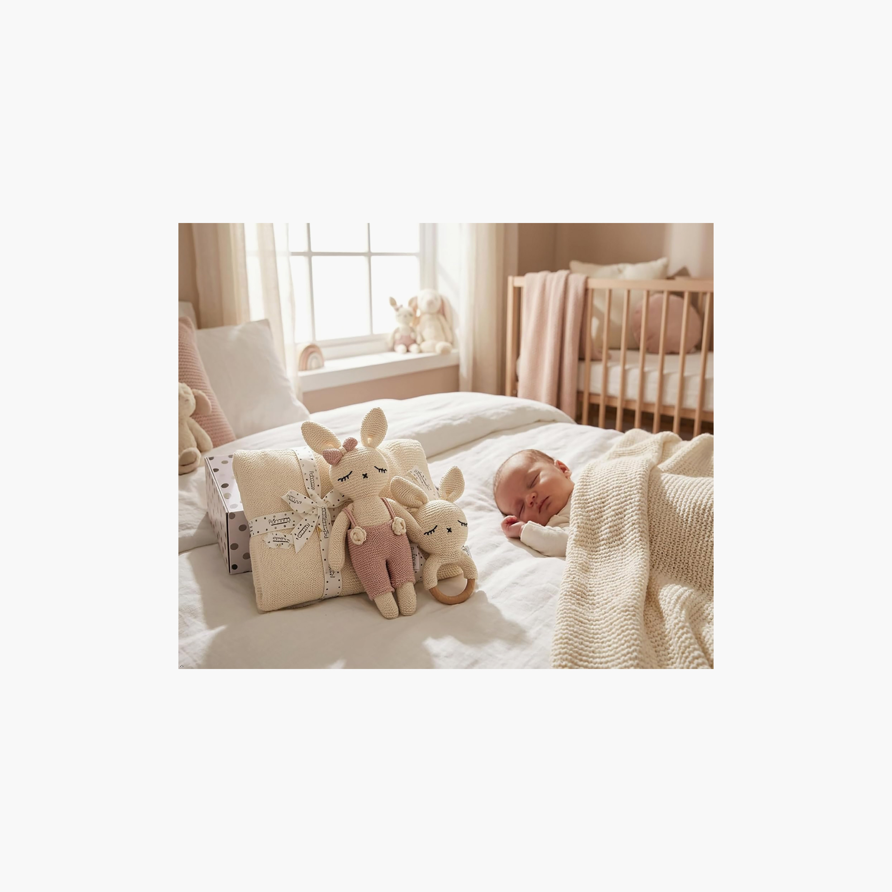 Set of 3 Polka Dot Receiving Blanket with Bunny Soft Toy and Ring-baby-nursery-babybedding-image-4
