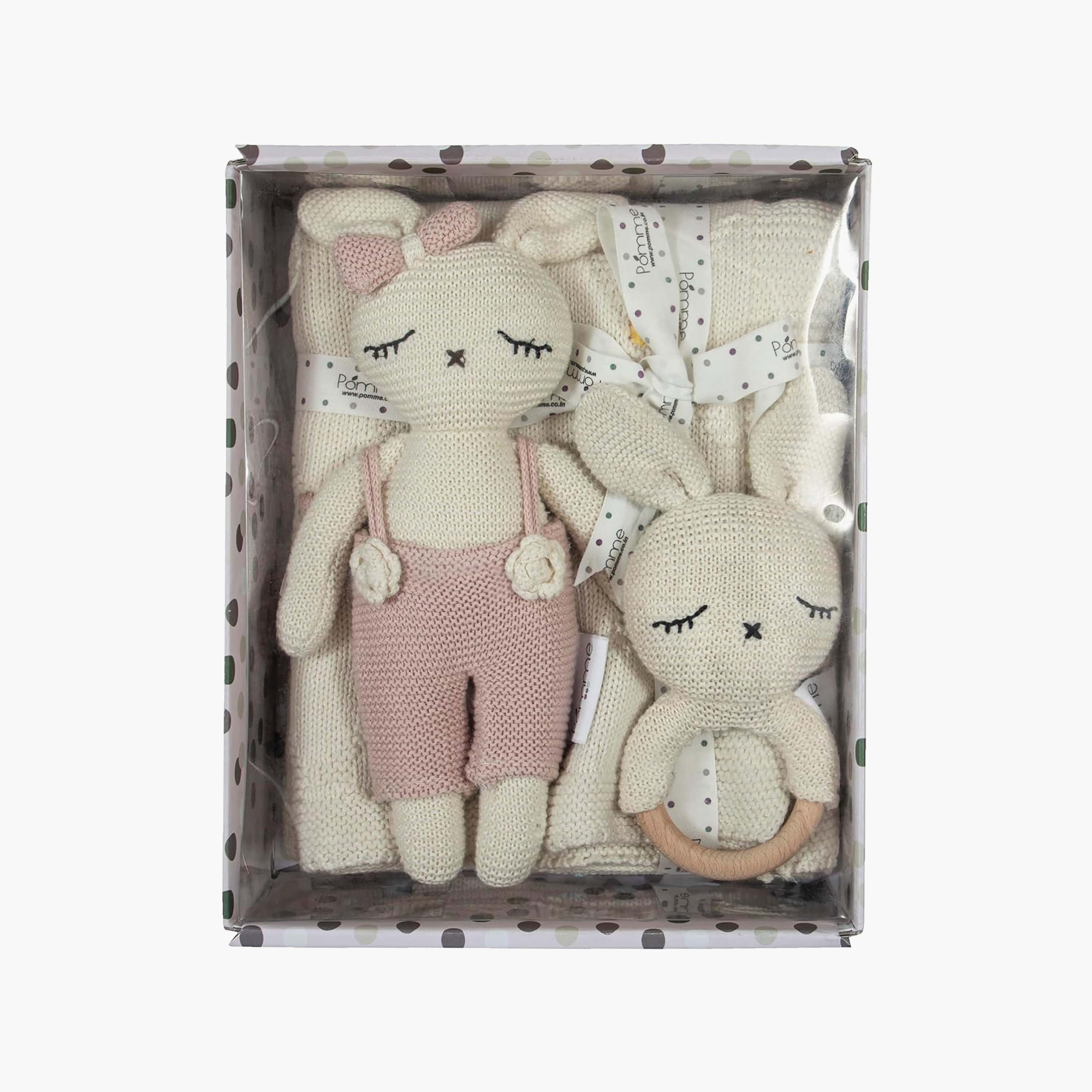 Set of 3 Polka Dot Receiving Blanket with Bunny Soft Toy and Ring-baby-nursery-babybedding-image-7