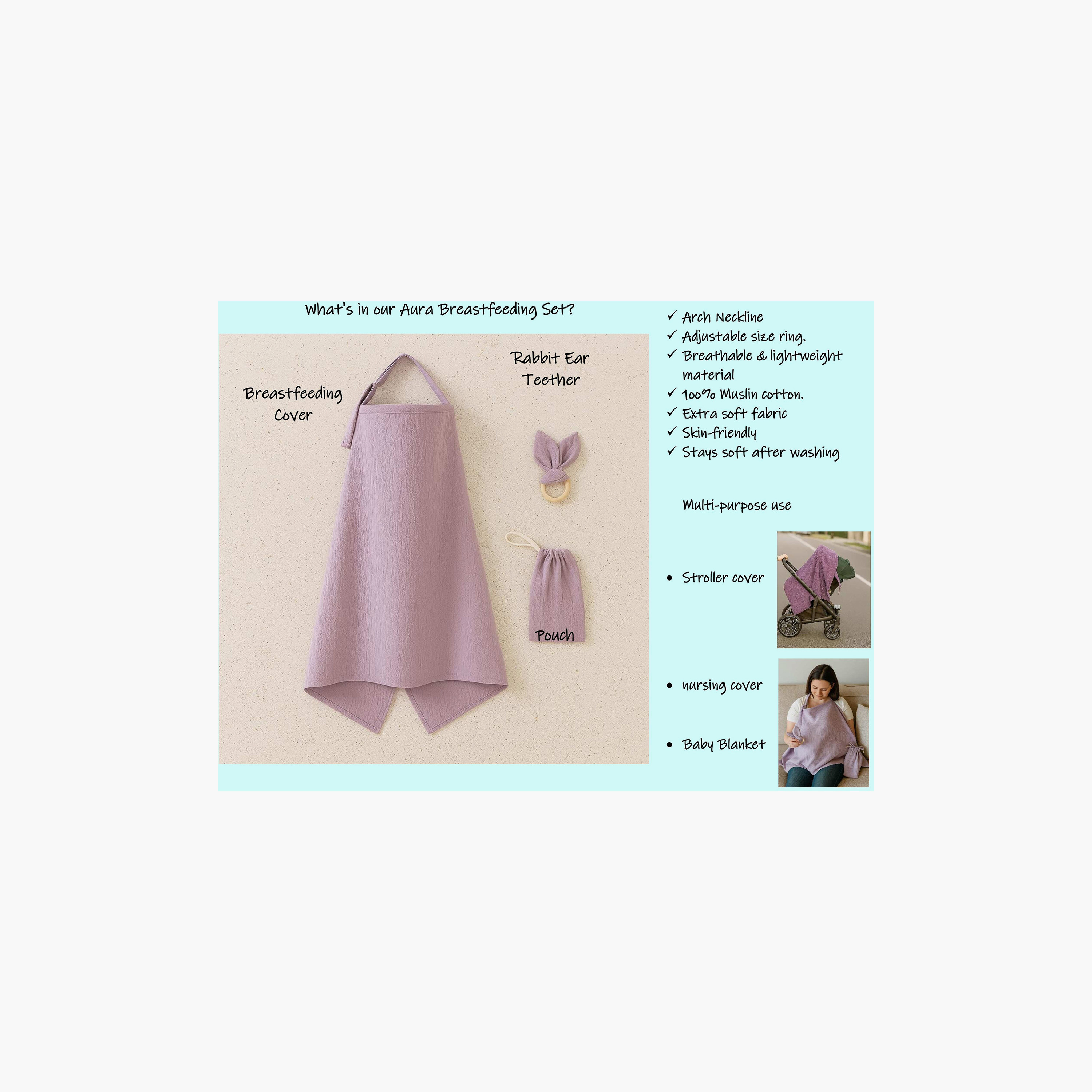 Kinder Valley Aura Breastfeeding Cover with Rabbit Ears Teether & Pouch-baby-feeding-breastfeedingandcare-image-8