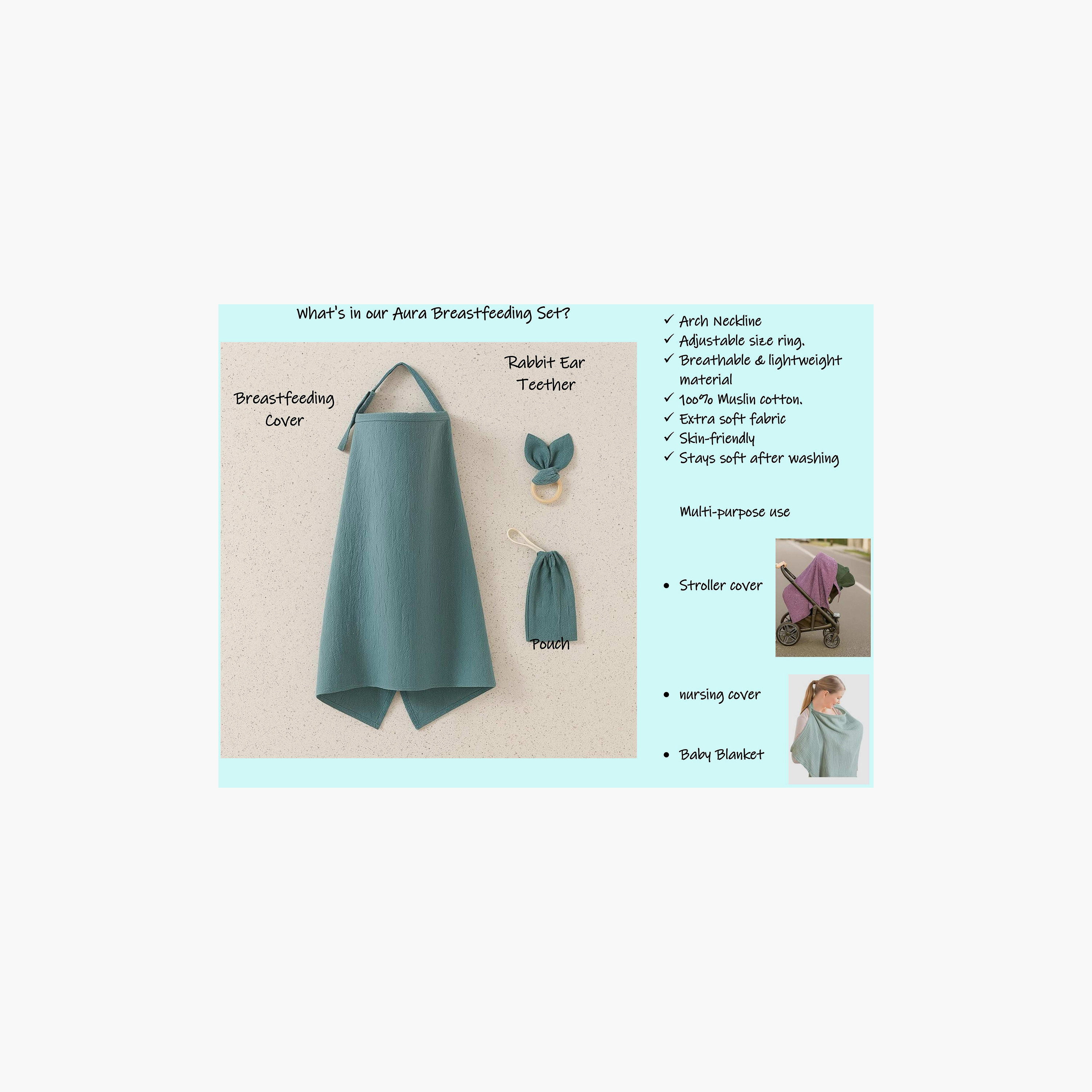 Kinder Valley Aura Breastfeeding Cover with Rabbit Ears Teether & Pouch-baby-feeding-breastfeedingandcare-image-6