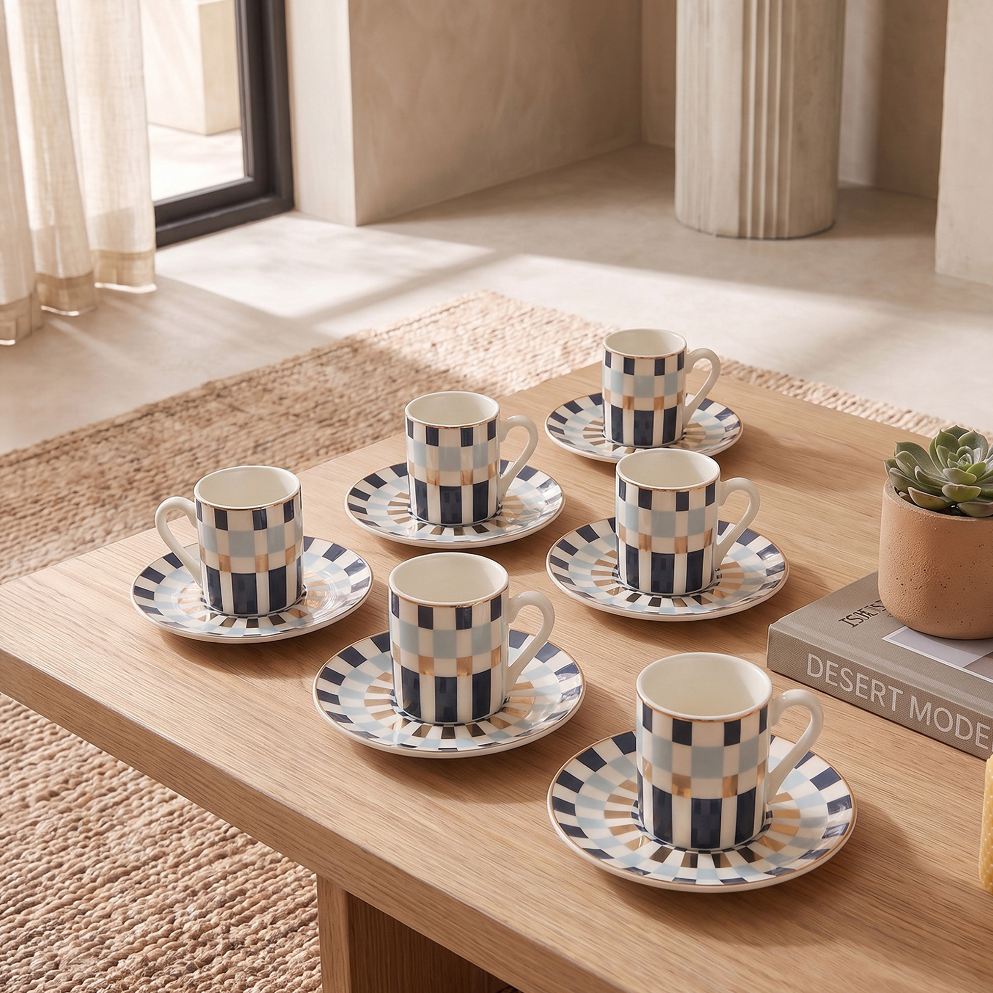 طقم فناجين إسبريسو وصحون فناجين من الخزف الصيني 12 قطعة بطبعات هندسية من جيا كومو - 70 مل-household-dining-teaandcoffee-teaandcoffeesets-image-1