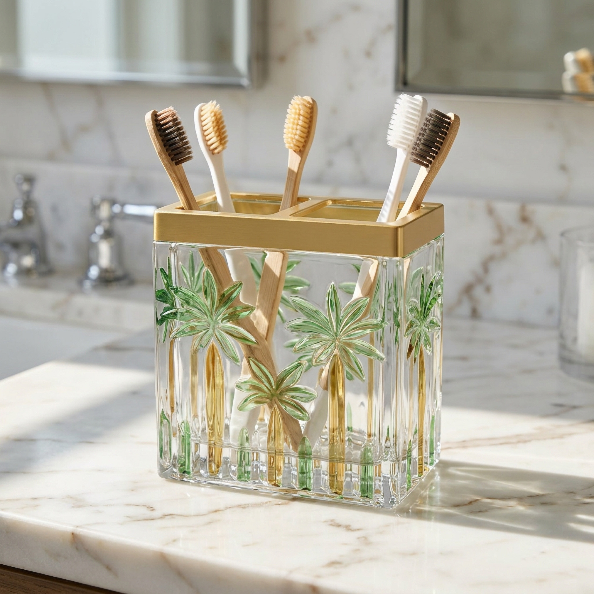 Palm Print Glass Tumbler with Partition-household-bathandlaundry-bathaccessories-toothbrushholdersandtumblers-image-1