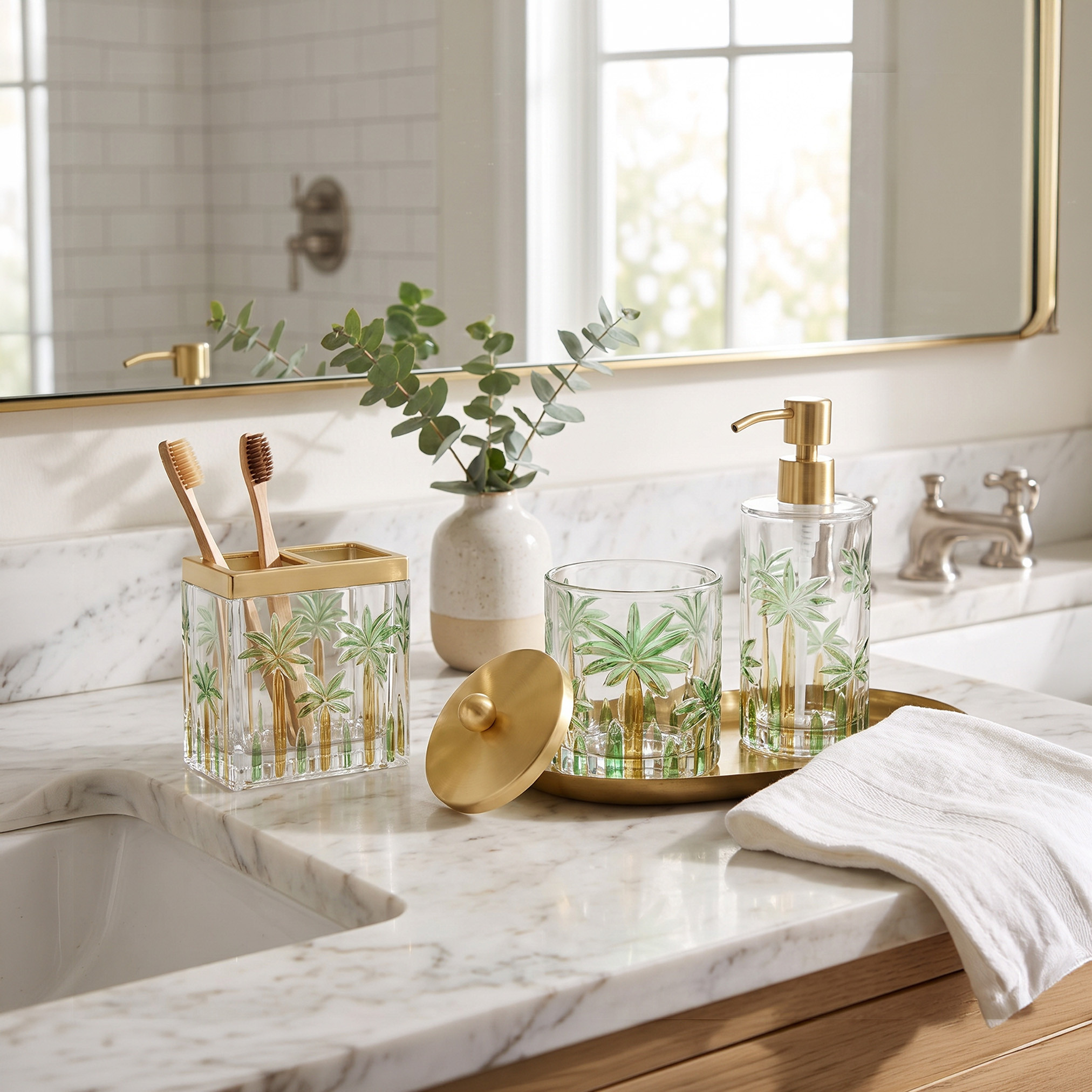 Palm Print Glass Tumbler with Partition-household-bathandlaundry-bathaccessories-toothbrushholdersandtumblers-image-5