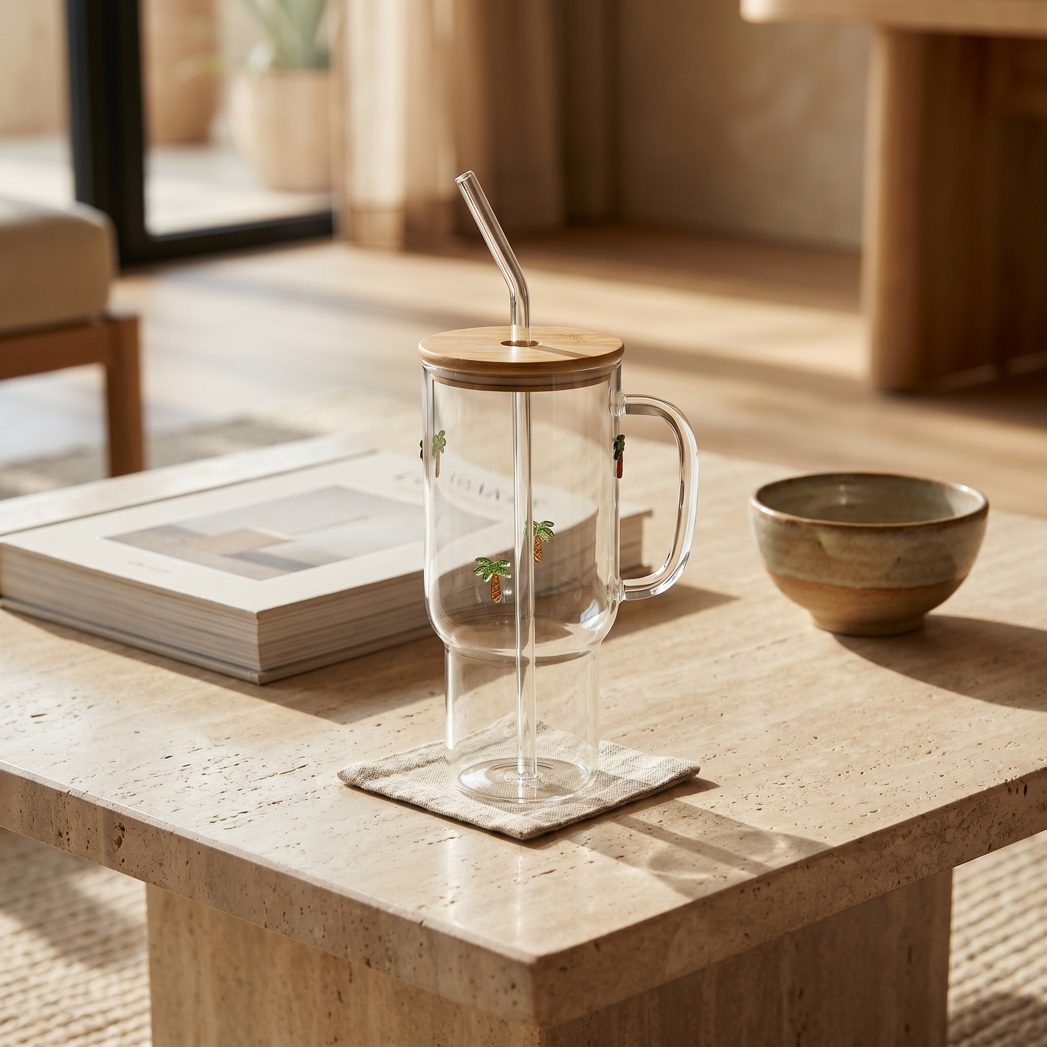 مج زجاج بقشّة وطبعات شجر النخيل - 900 مل-household-dining-teaandcoffee-travelmugsandsippers-image-1