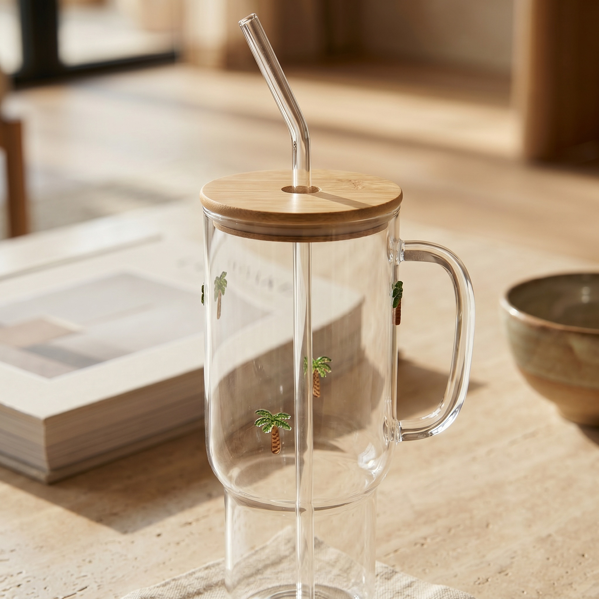 مج زجاج بقشّة وطبعات شجر النخيل - 900 مل-household-dining-teaandcoffee-travelmugsandsippers-image-2