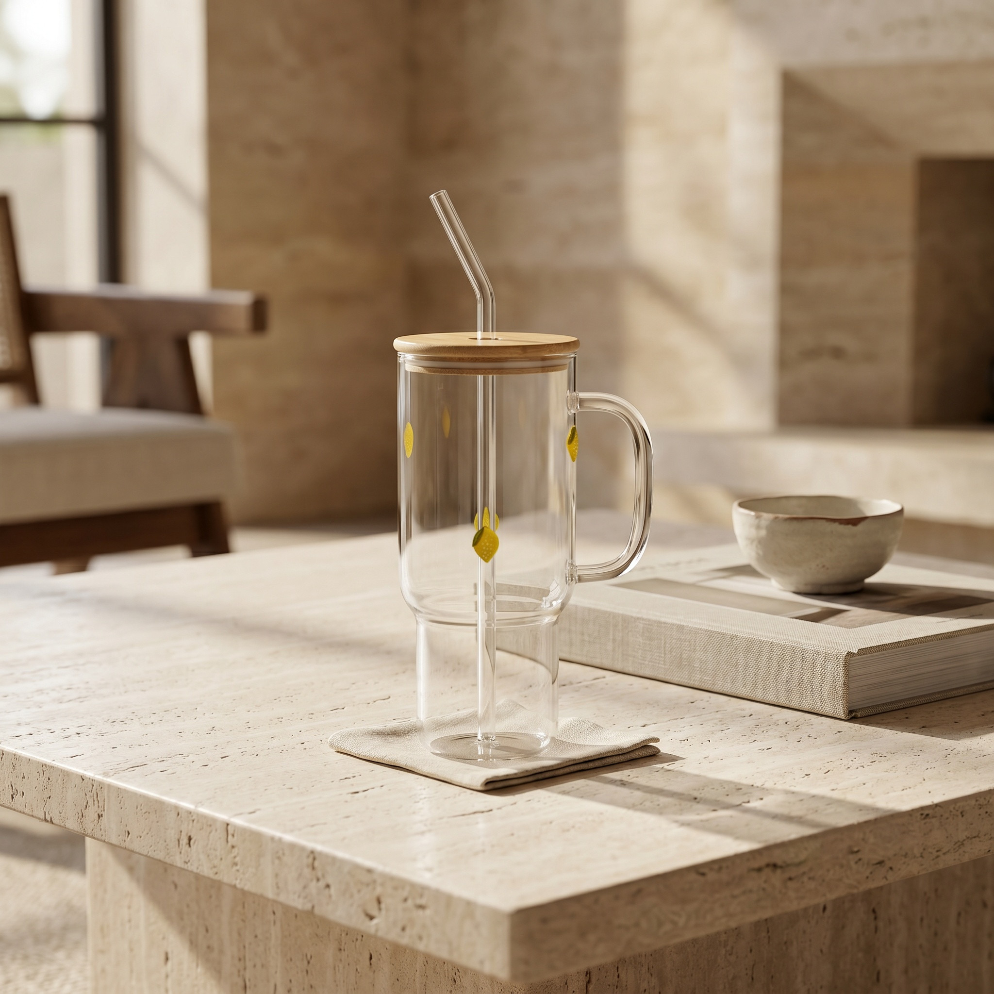 مج زجاج بقشّة وطبعات ليمون - 900 مل-household-dining-teaandcoffee-travelmugsandsippers-image-1