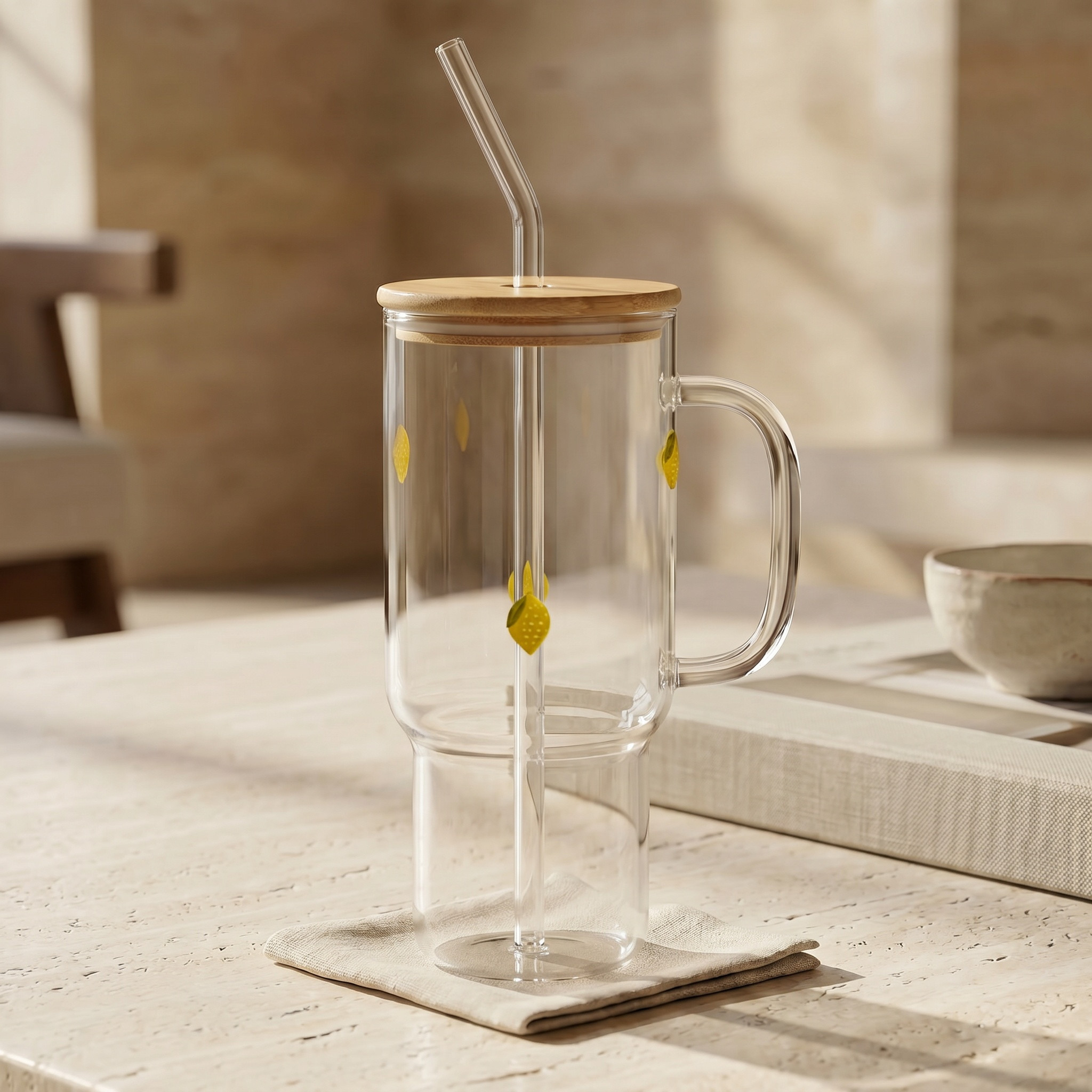 مج زجاج بقشّة وطبعات ليمون - 900 مل-household-dining-teaandcoffee-travelmugsandsippers-image-2