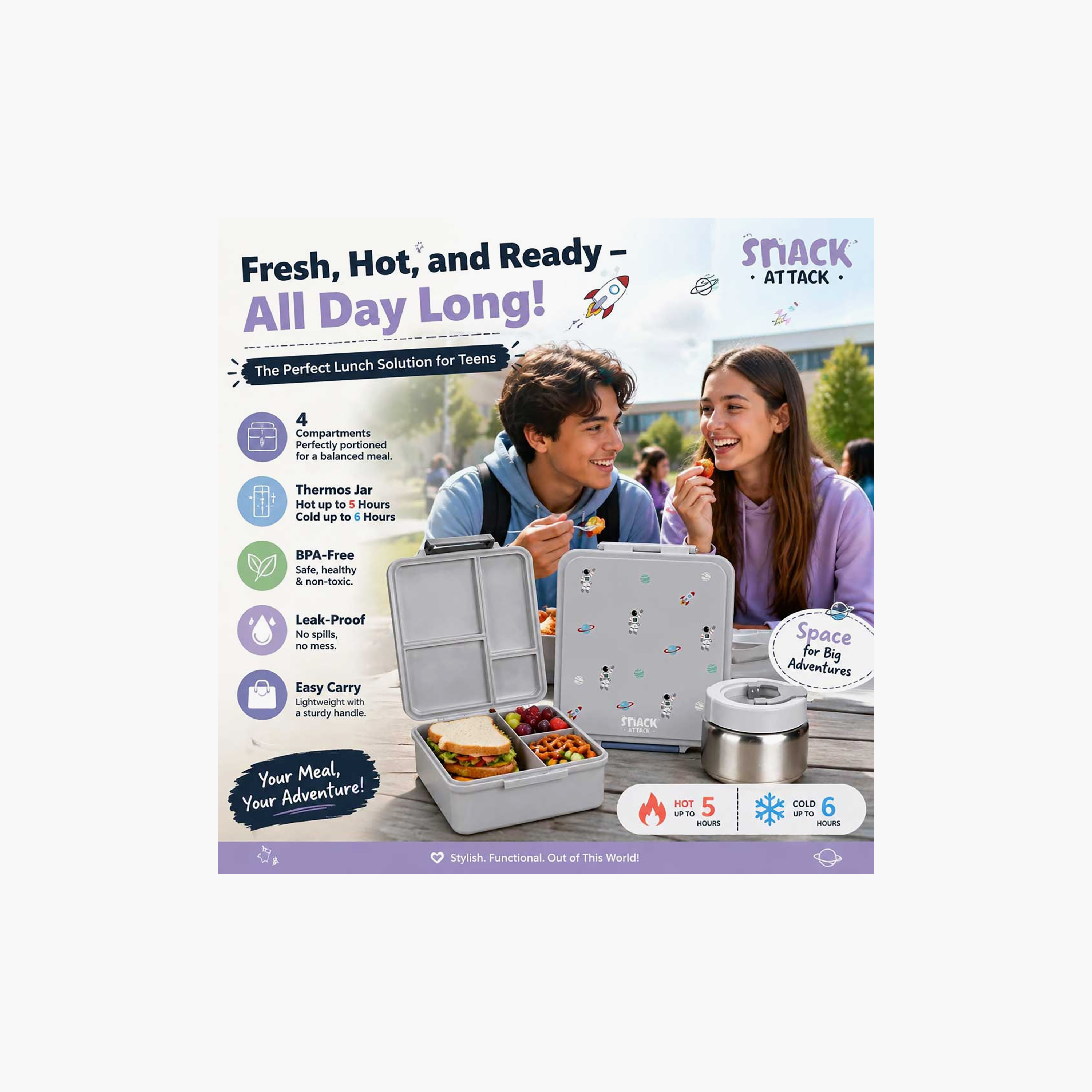 Snack Attack 4-Compartment Bento Space Lunch Box with Insulated Stainless Steel Thermos Food Jar-school-lunchessentials-lunchboxes-image-2