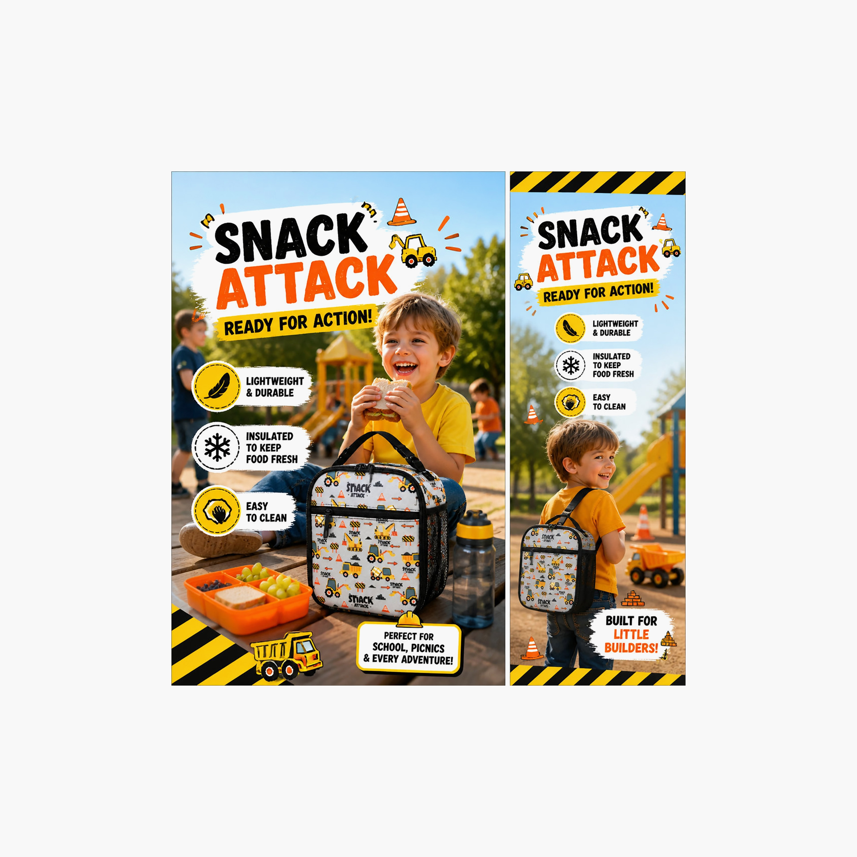 Snack Attack Insulated Construction Truck School Lunch Bag with Water Bottle Holder-school-lunchessentials-lunchbags-image-2