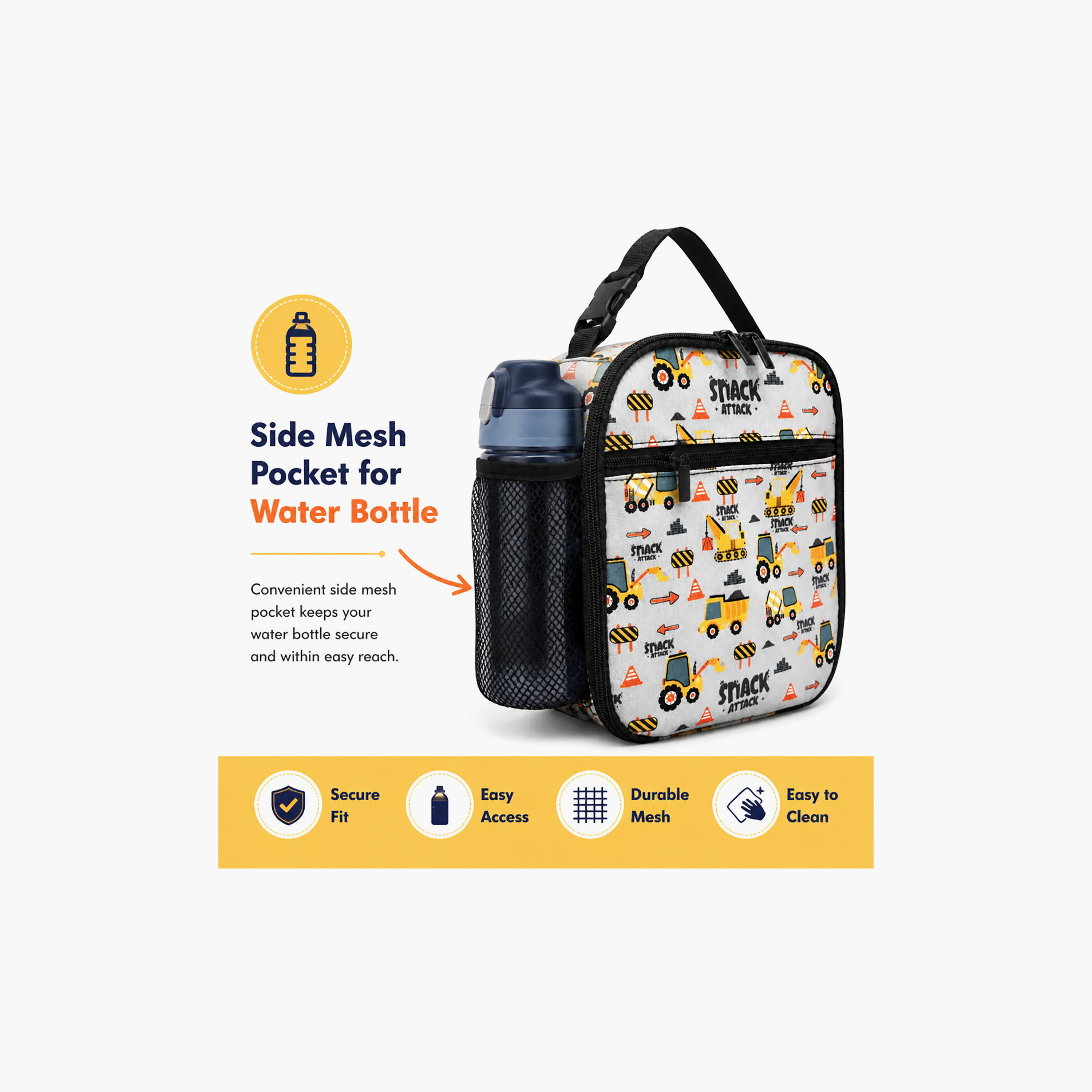 حقيبة غداء مدرسية معزولة بنمط شاحنة بناء مع حامل لعبوة الماء من سناك أتاك-school-lunchessentials-lunchbags-image-3