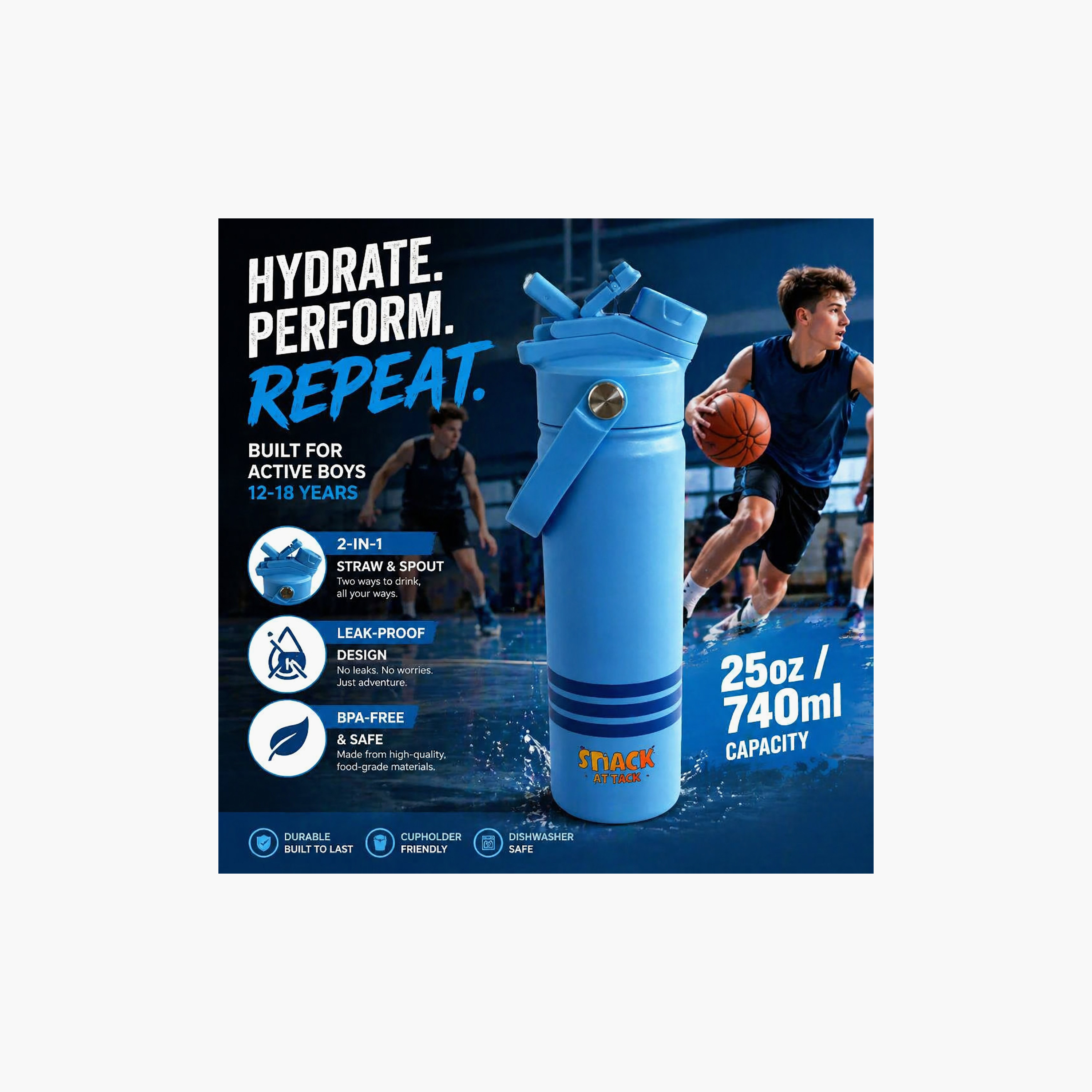 Snack Attack Insulated SS Striped Water Bottle with 2-In-1 Straw & Spout Lid - 740 ml-school-waterbottles-image-6