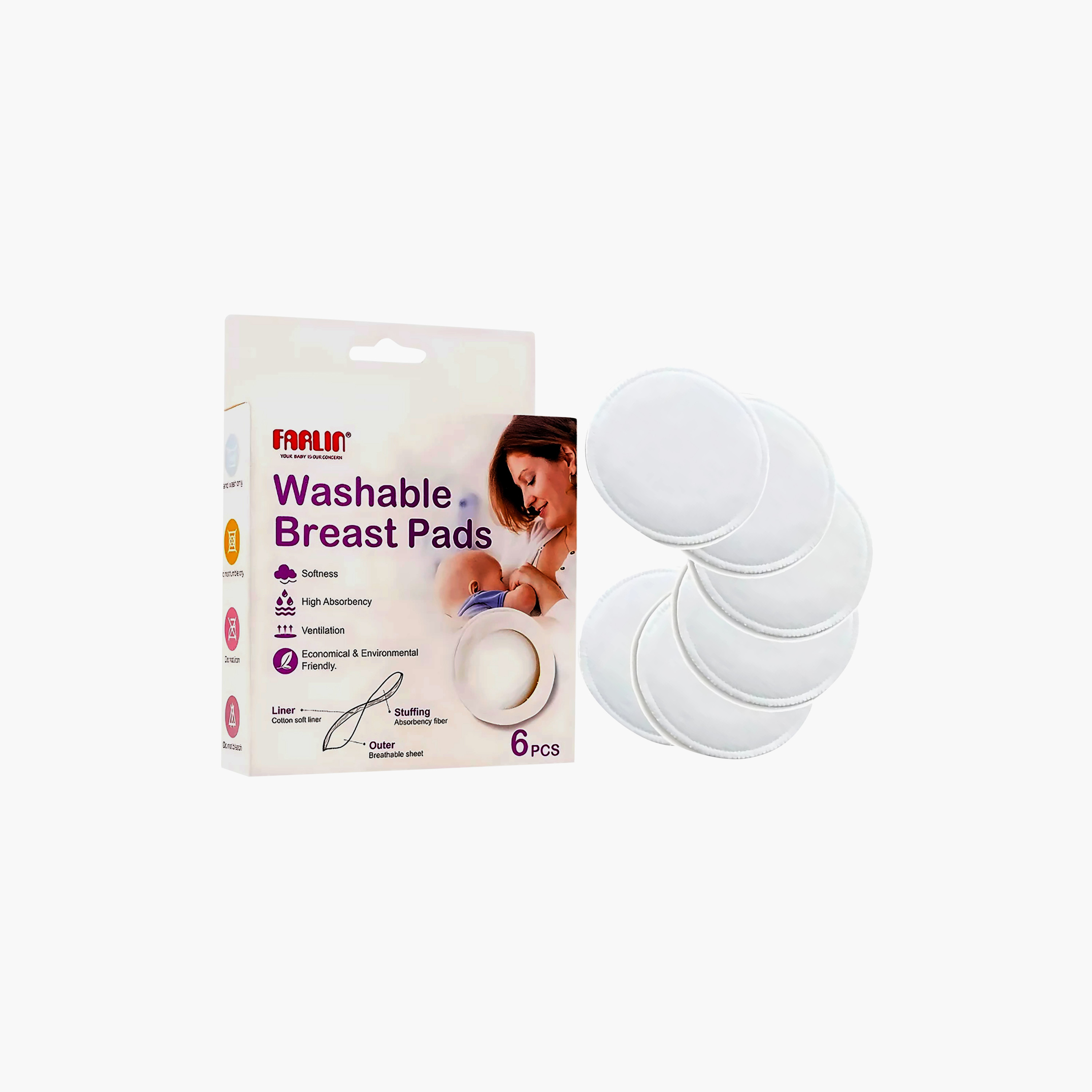 طقم وسادات رضاعة قطنية قابلة للغسل (6 وسادات) من فارلين-baby-feeding-breastfeedingandcare-image-1