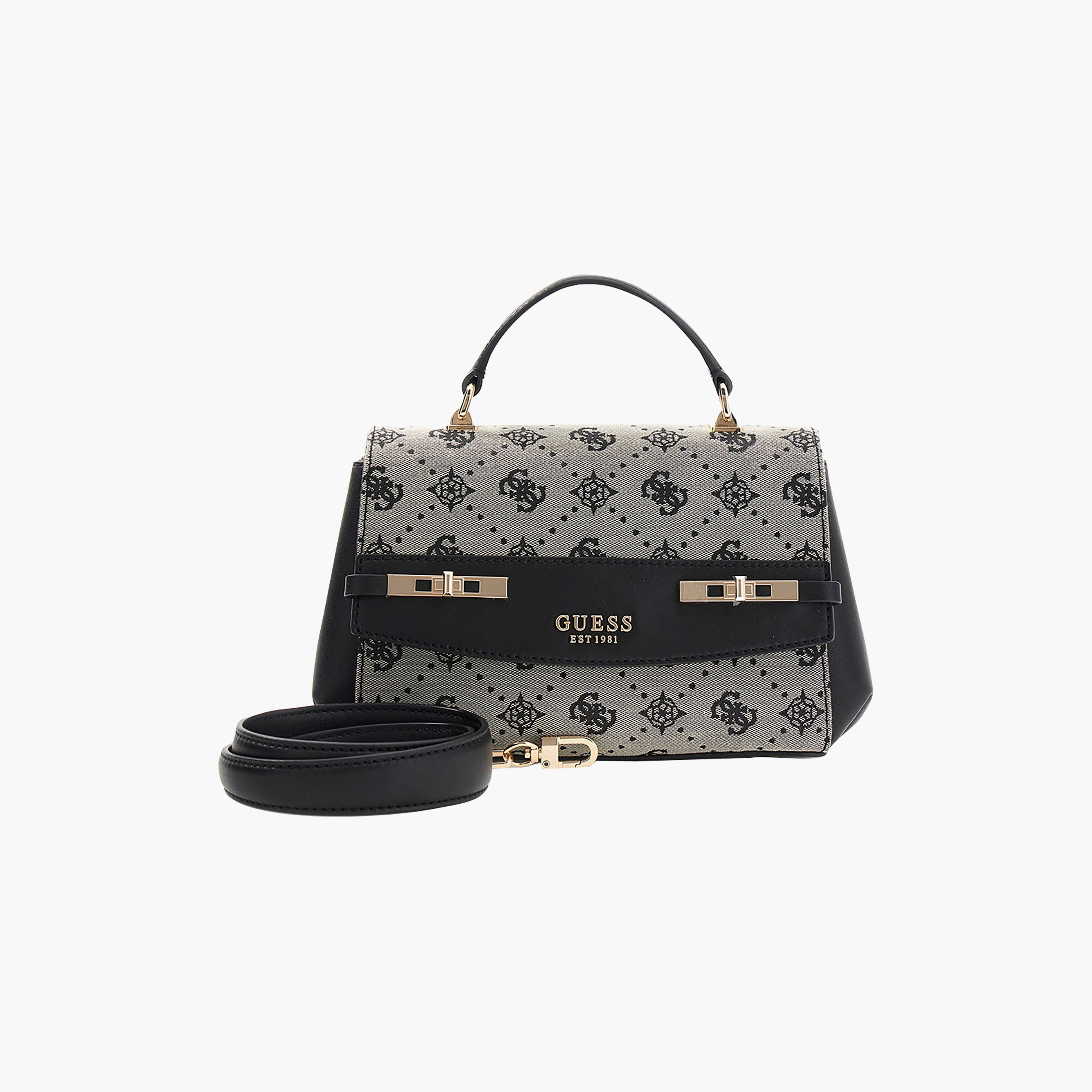 Guess Melinda Monogram Top Handle Satchel Bag with Flap Closure and Detachable Strap-women-bagsandwallets-handbags-image-1