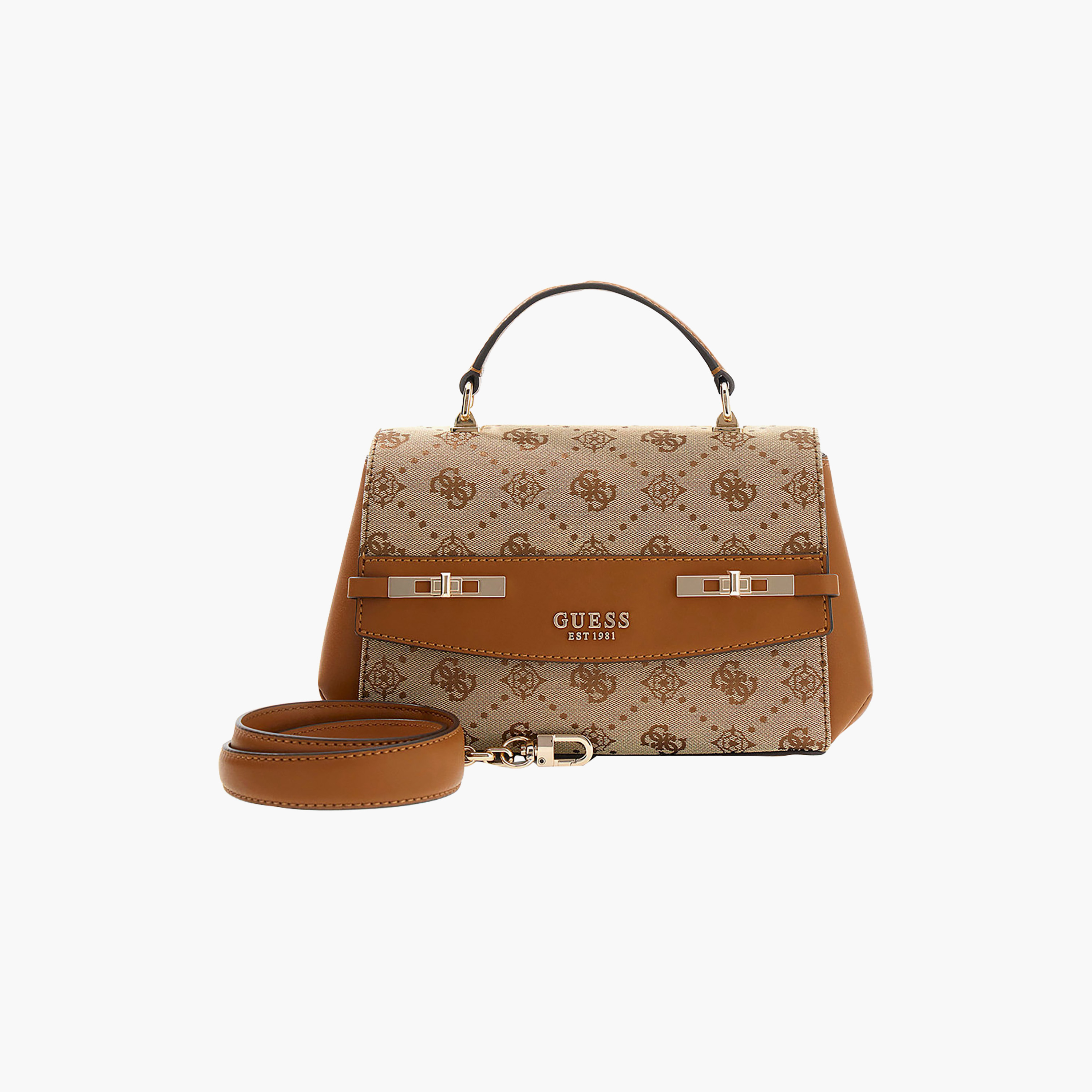 Guess Melinda Monogram Top Handle Satchel Bag with Flap Closure and Detachable Strap-women-bagsandwallets-handbags-image-1