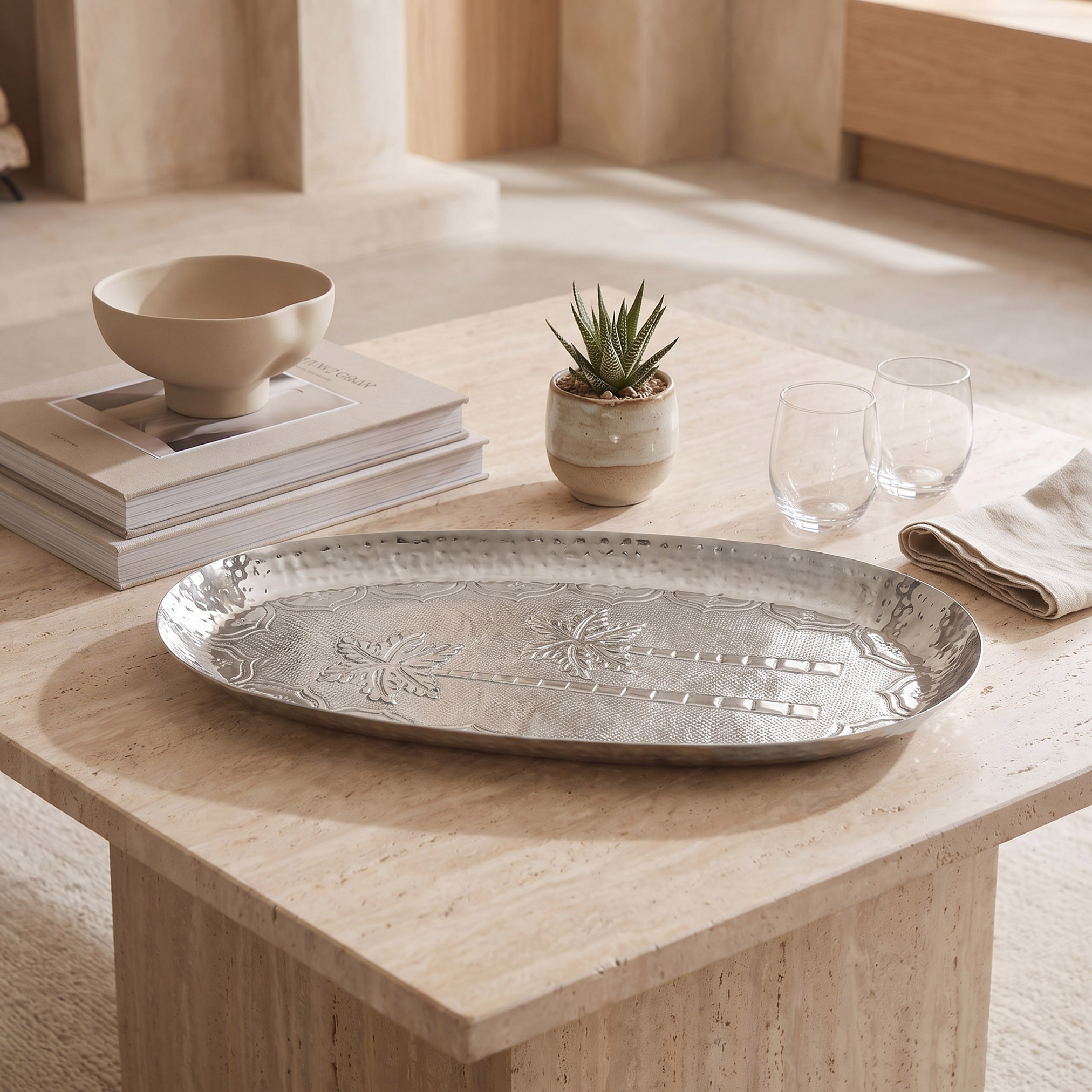 Oval Embossed Decorative Tray - 16x10 cm-household-decor-boxesandtrays-image-1