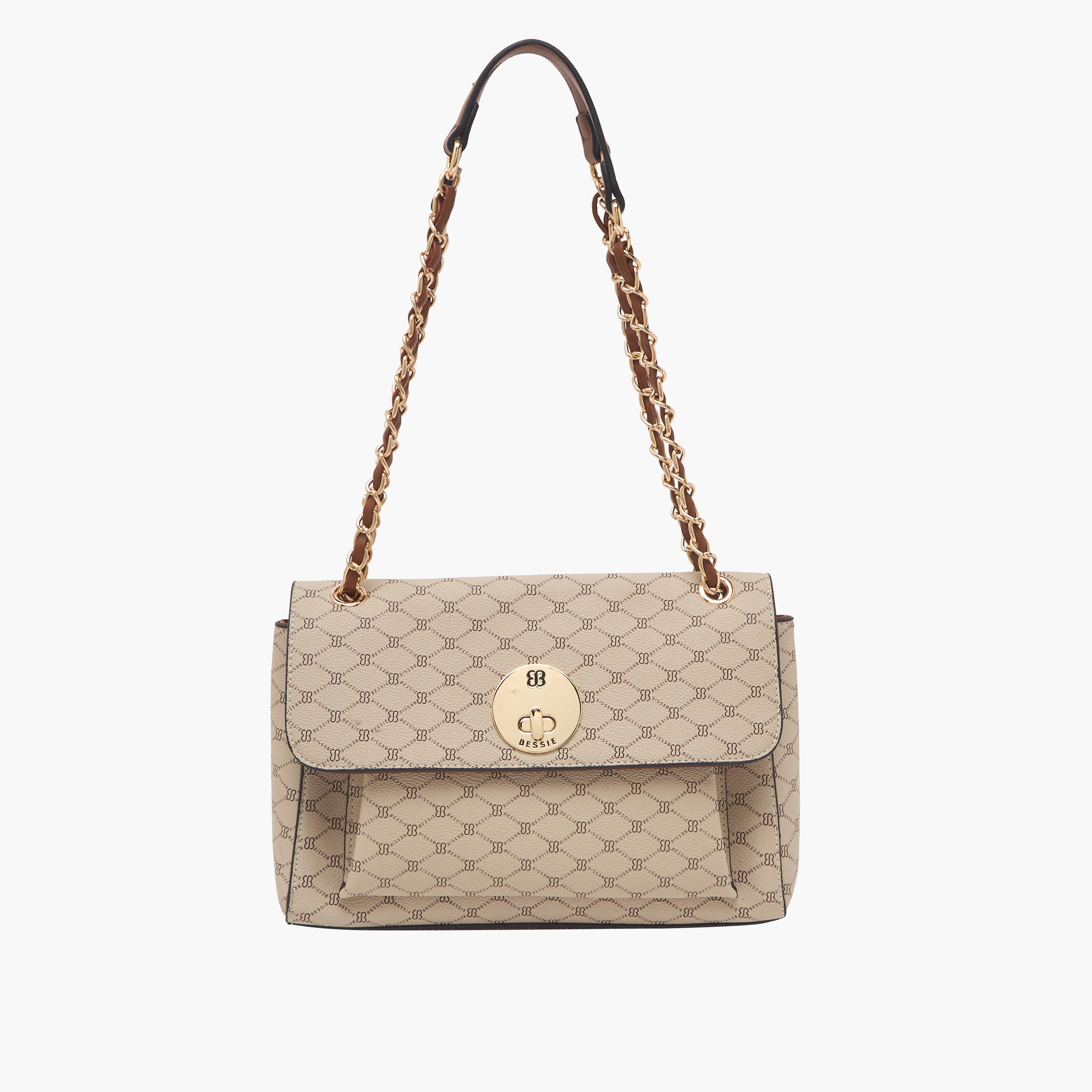 Bessie London Monogram Print Shoulder Bag with Chain Strap-women-bagsandwallets-handbags-image-1