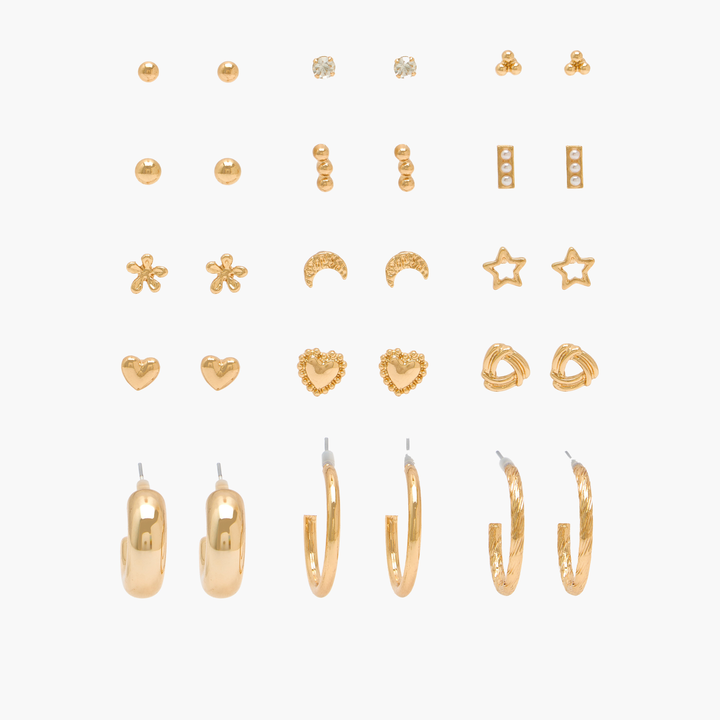 حلقان صغيرة بتشطيب ميتالك مع مكبس إغلاق خلفي - طقم من 15 قطعة-women-watchesandjewellery-jewellery-earrings-image-1