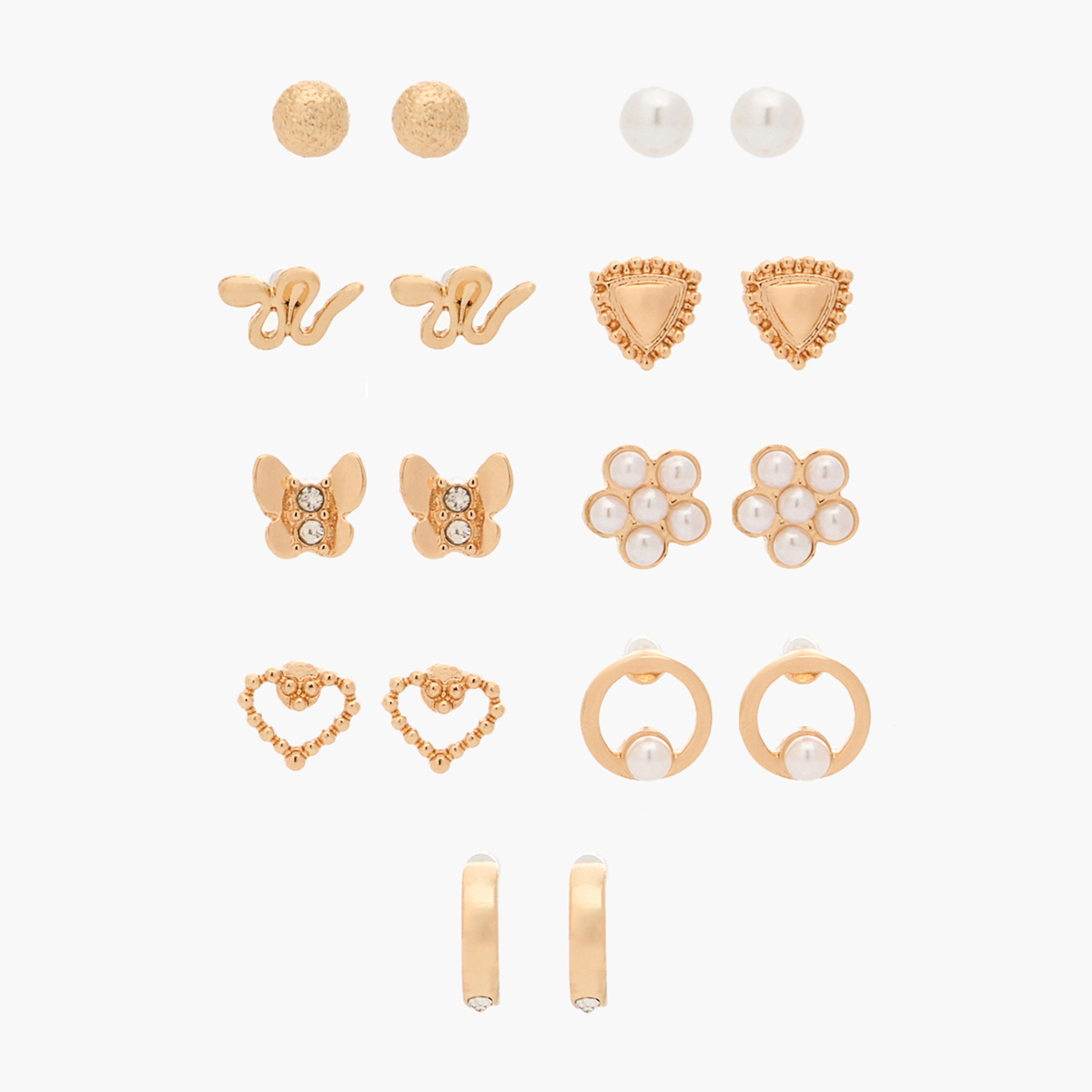 Pack of 9 Gold Tone Assorted Stud Earrings with Pushback Closure-women-watchesandjewellery-jewellery-earrings-image-1