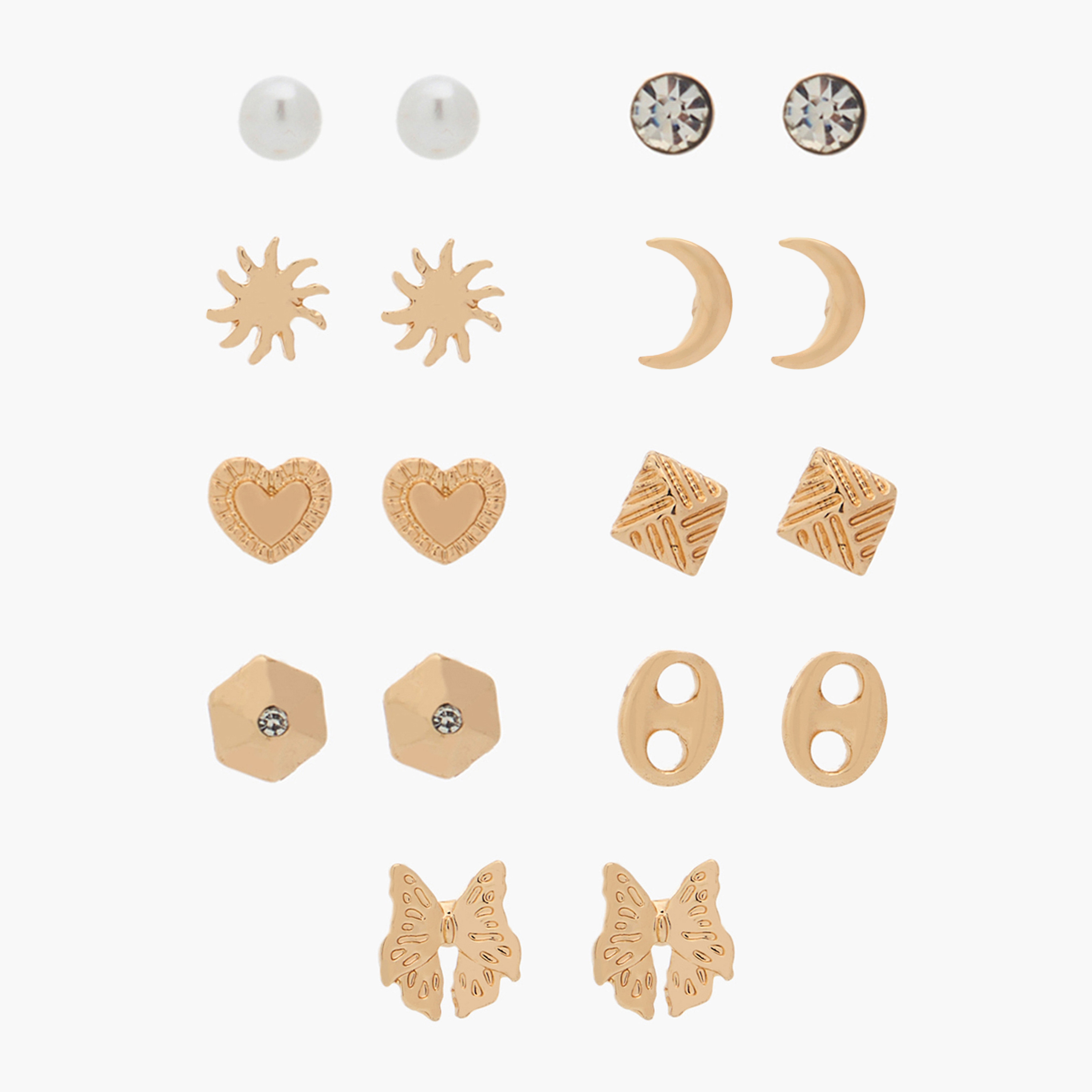 Pack of 9 Gold Tone Assorted Stud Earrings with Pushback Closure-women-watchesandjewellery-jewellery-earrings-image-1