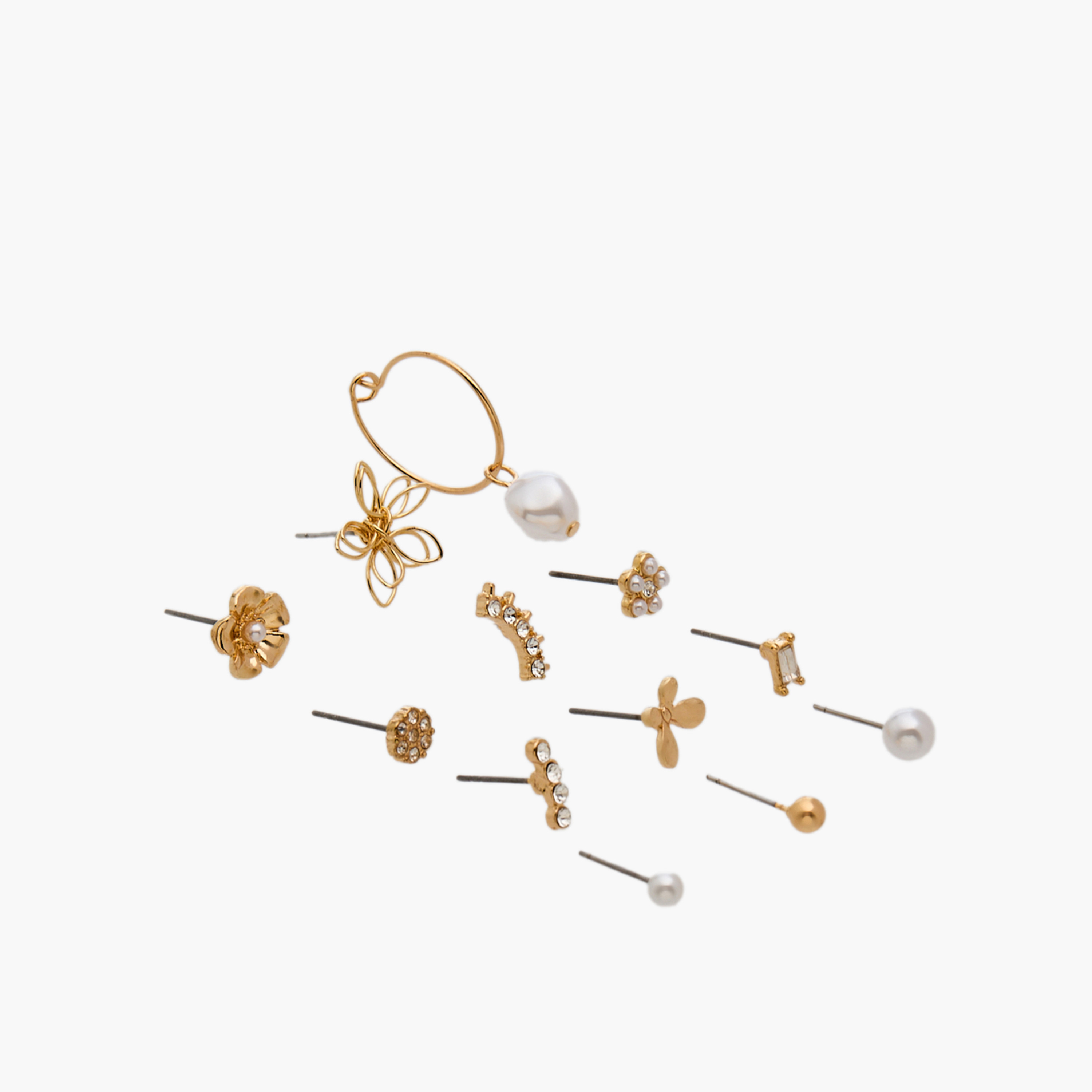 حلقان متنوعة بلون ذهبي بمكبس إغلاق خلفي - 12 قطعة-women-watchesandjewellery-jewellery-earrings-image-2