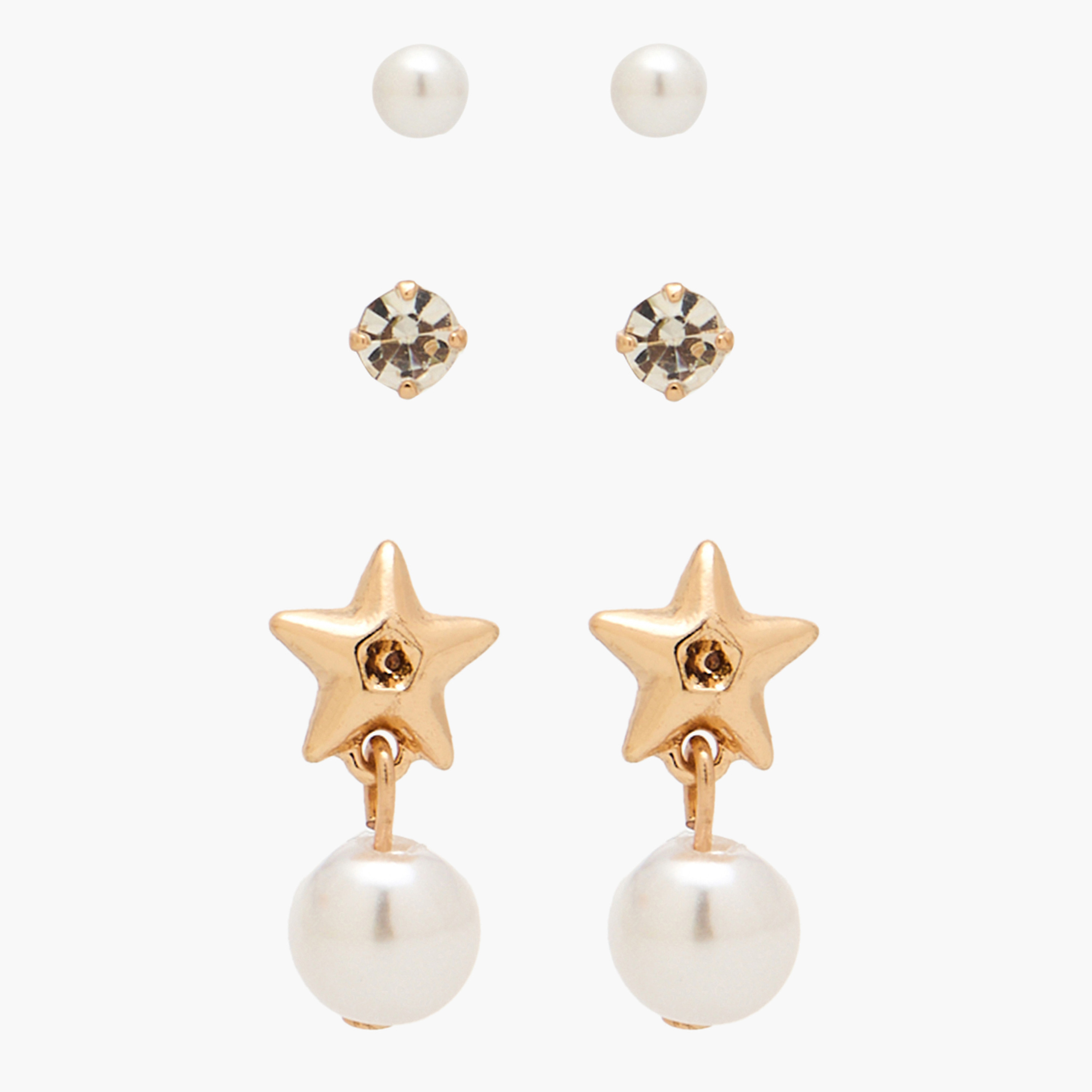 Pack of 3 Gold Tone Embellished Stud Earrings with Pushback Closure-women-watchesandjewellery-jewellery-earrings-image-1