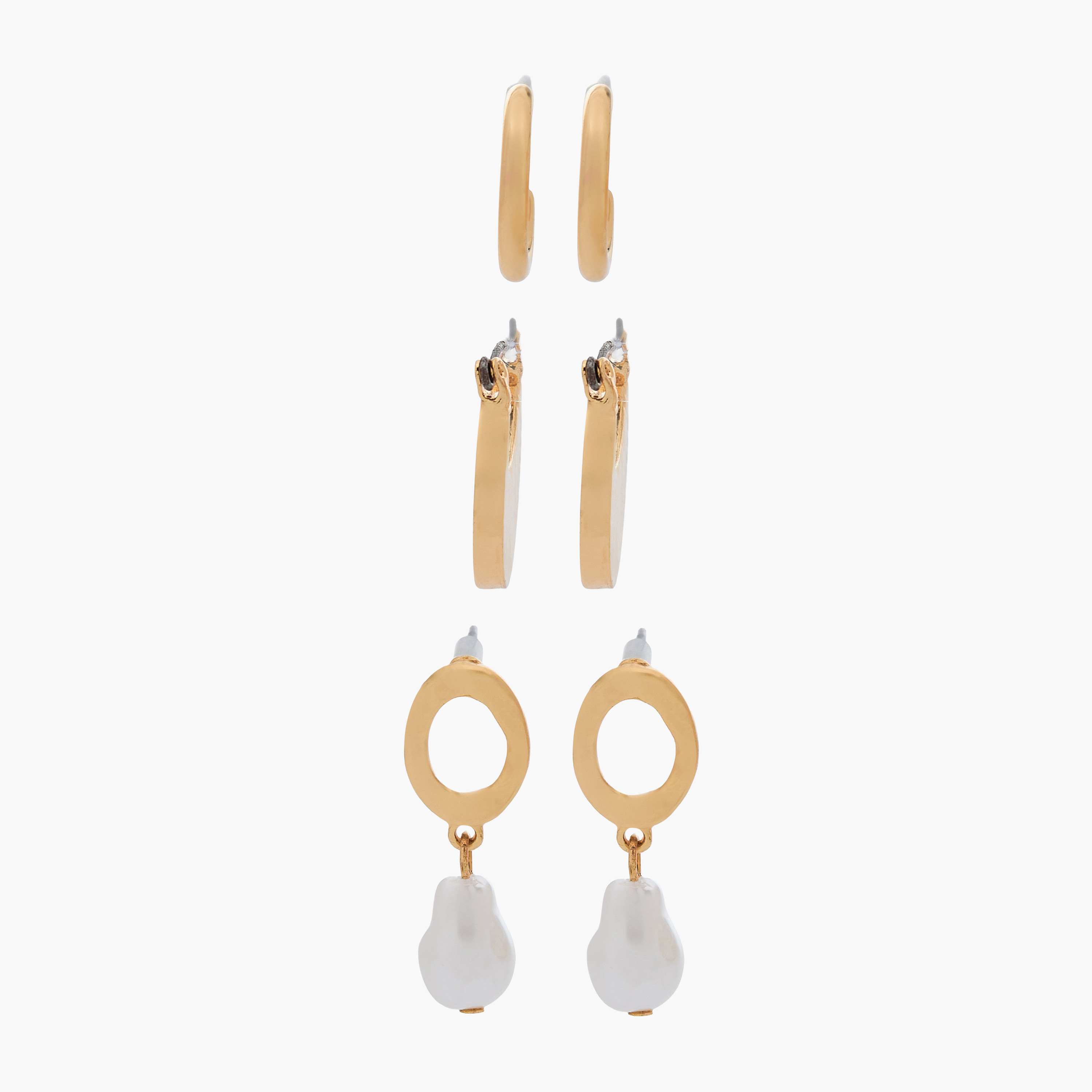 حلقان طوق متنوعة بلون ذهبي بمكبس إغلاق خلفي - 3 قطع-women-watchesandjewellery-jewellery-earrings-image-1