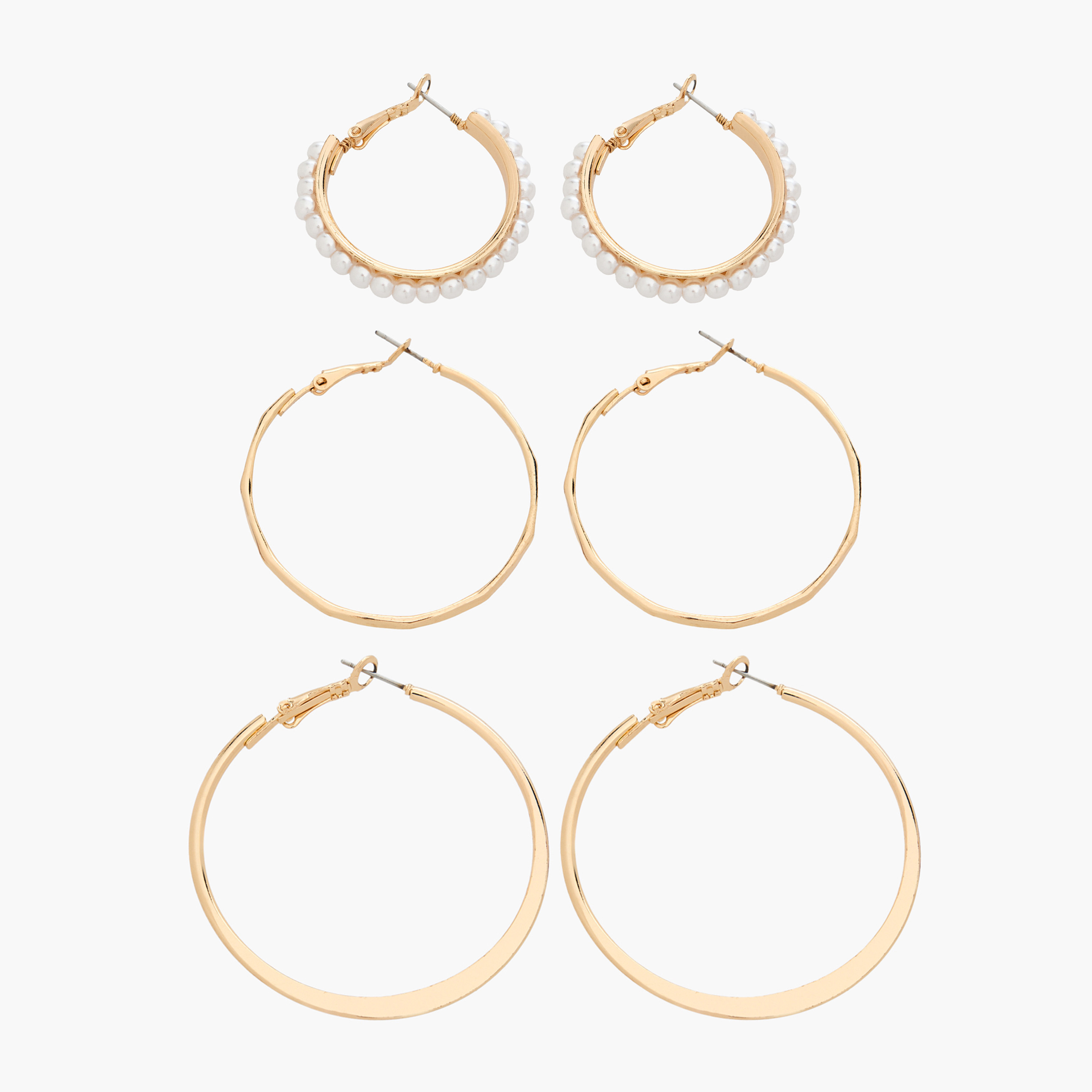 Pack of 3 Gold Tone Assorted Hoop Earrings with Hinged Closure-women-watchesandjewellery-jewellery-earrings-image-1