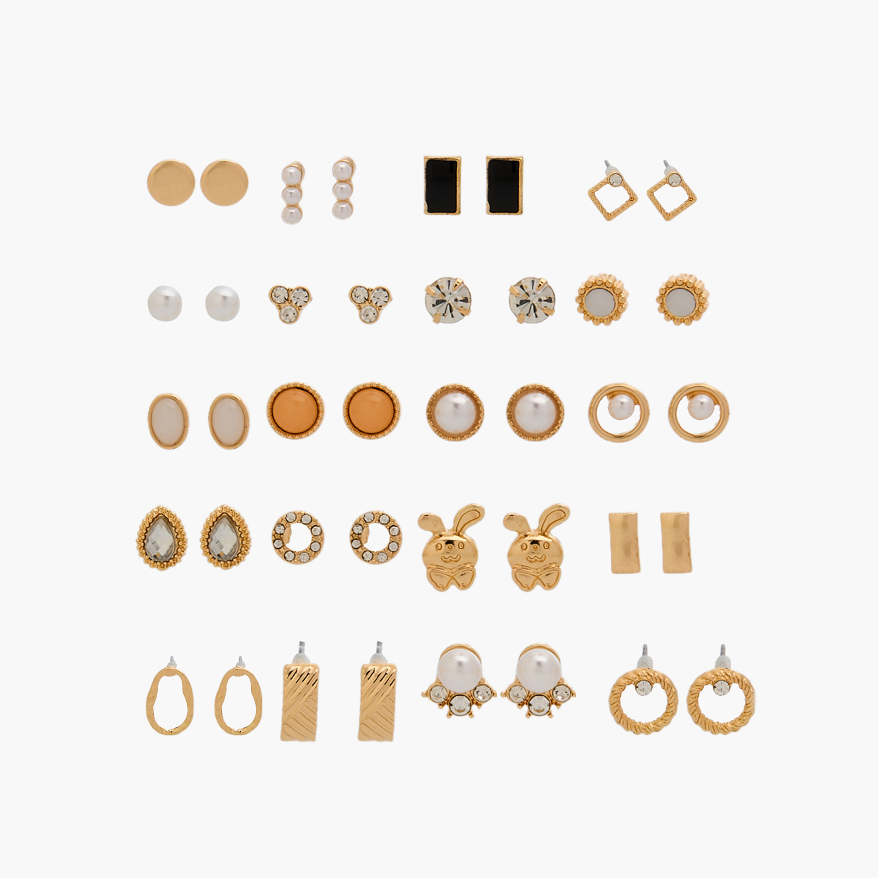 حلقان دبوس متنوعة بلون ذهبي ومكبس إغلاق خلفي - عبوة 20 زوج-women-watchesandjewellery-jewellery-earrings-image-1