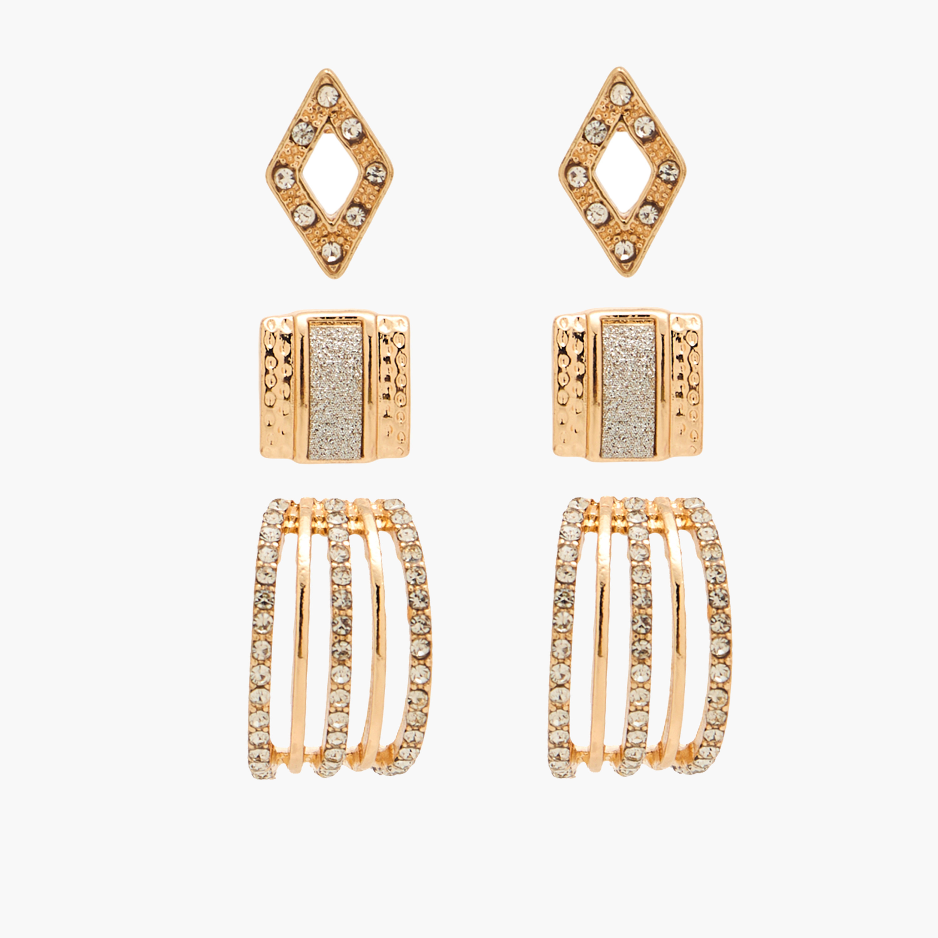 Pack of 3 Gold Tone Embellished Stud Earrings with Pushback Closure-women-watchesandjewellery-jewellery-earrings-image-1