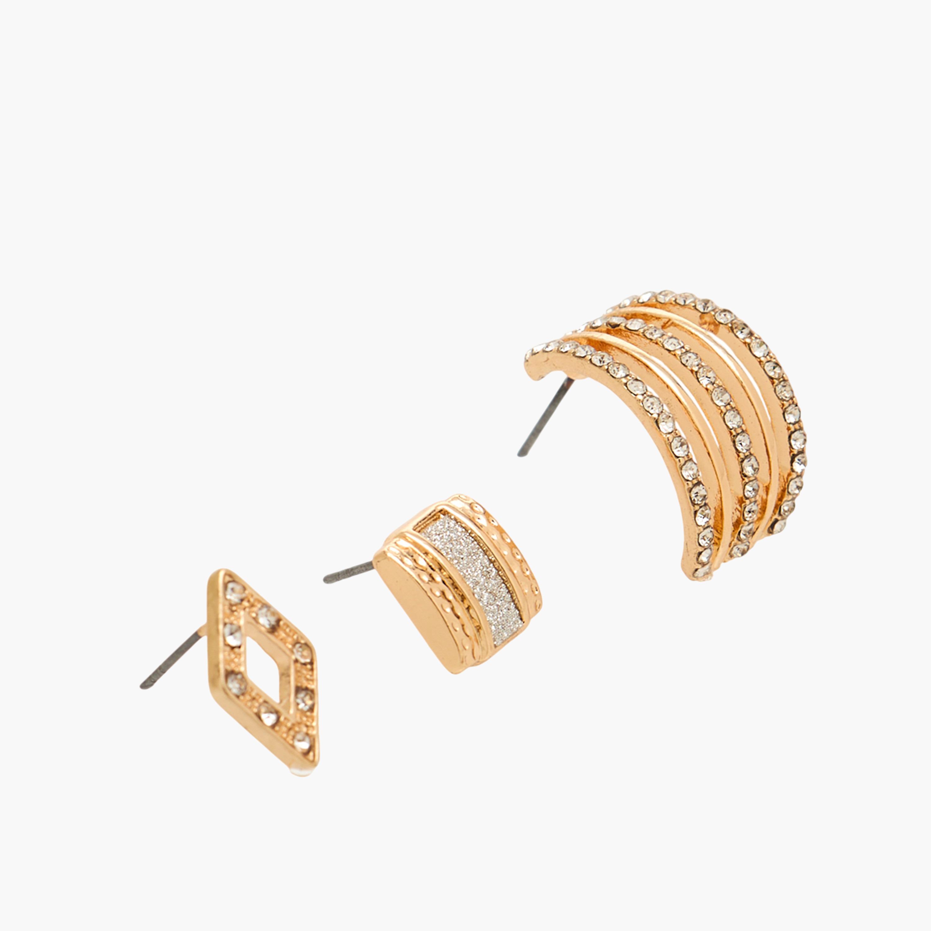 Pack of 3 Gold Tone Embellished Stud Earrings with Pushback Closure-women-watchesandjewellery-jewellery-earrings-image-2
